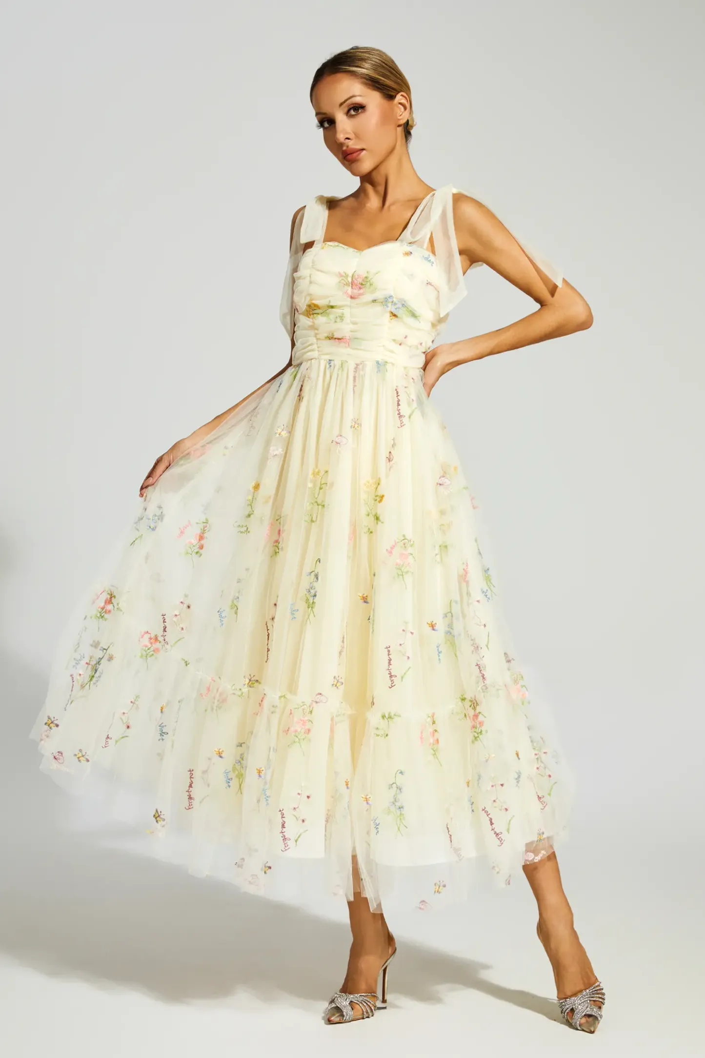 Chaucer Pale Yellow Flower Mesh Midi Dress