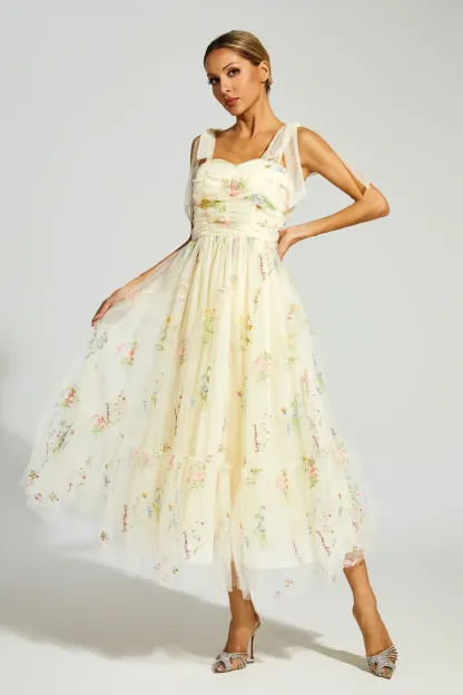 Chaucer Pale Yellow Flower Mesh Midi Dress