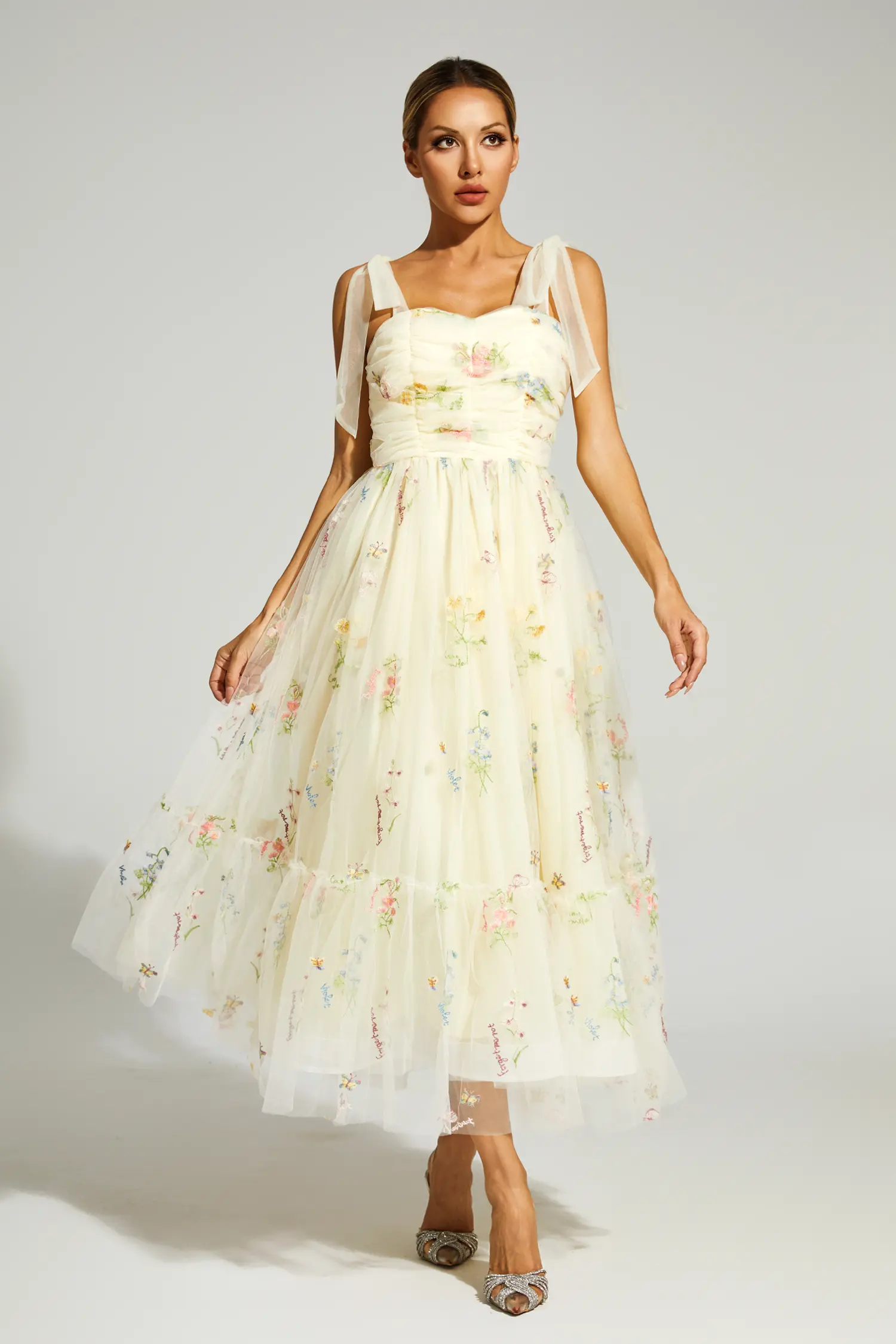 Chaucer Pale Yellow Flower Mesh Midi Dress