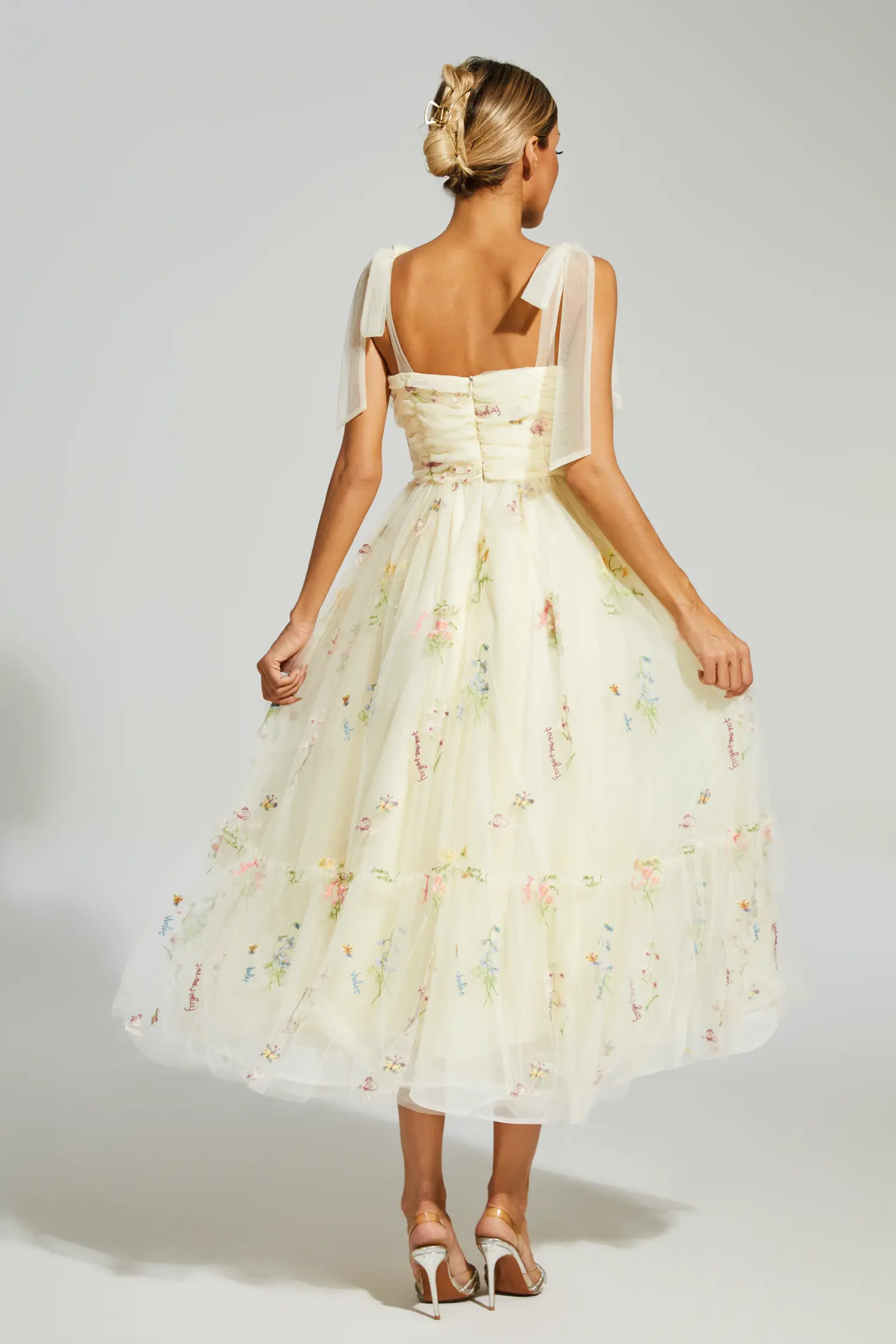 Chaucer Pale Yellow Flower Mesh Midi Dress