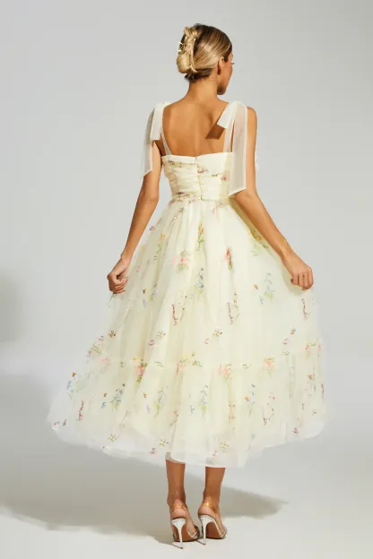 Chaucer Pale Yellow Flower Mesh Midi Dress