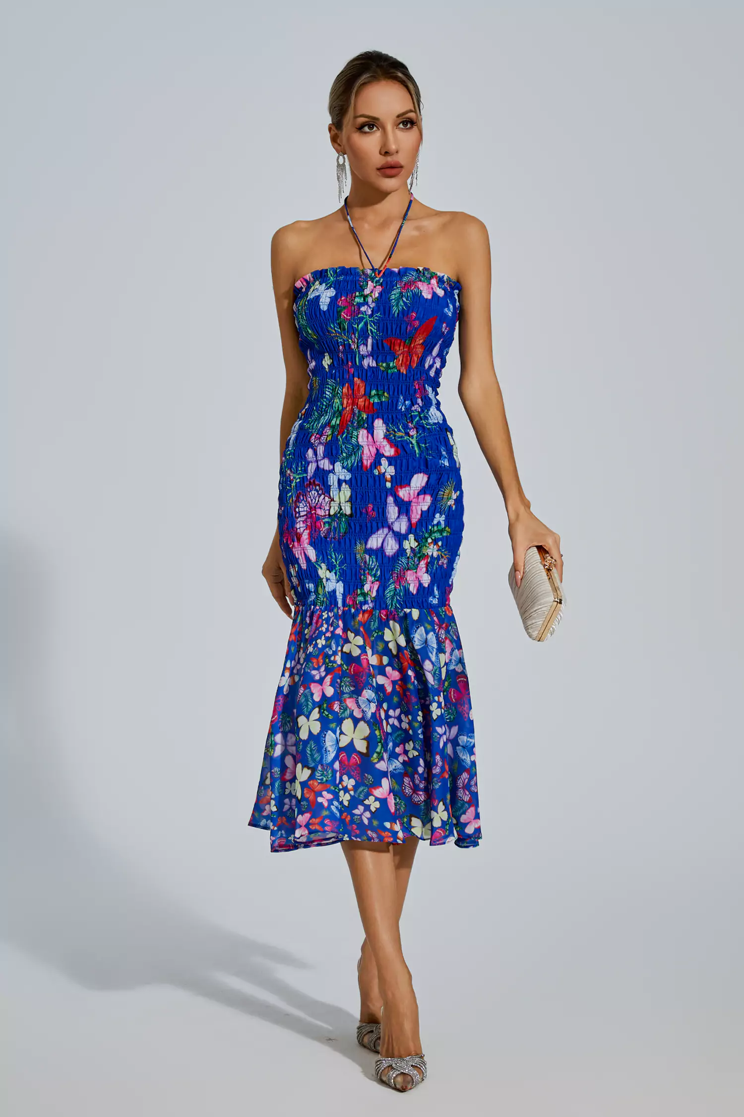 Meg Blue Butterfly Printed Halter Dress