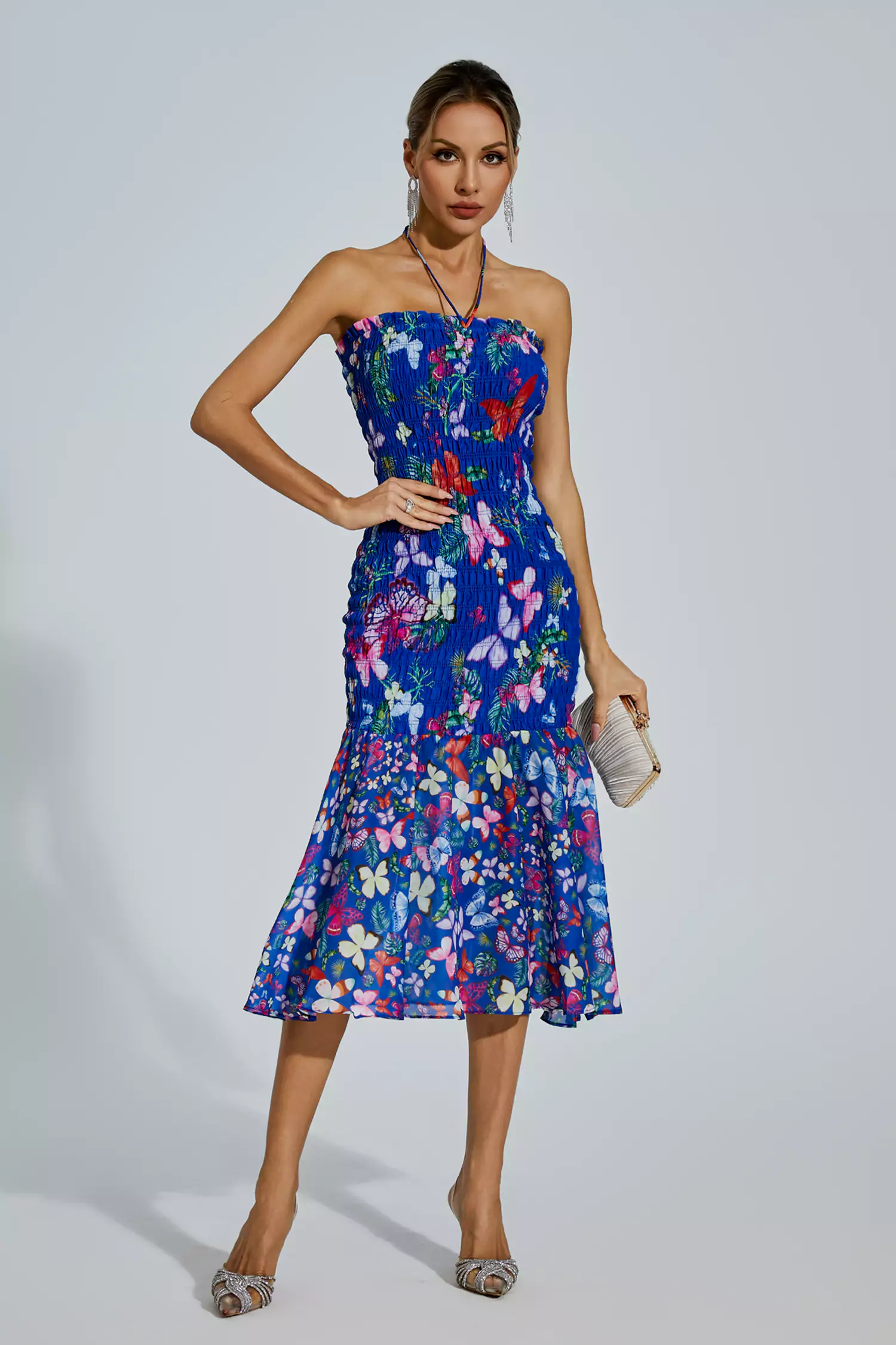 Meg Blue Butterfly Printed Halter Dress