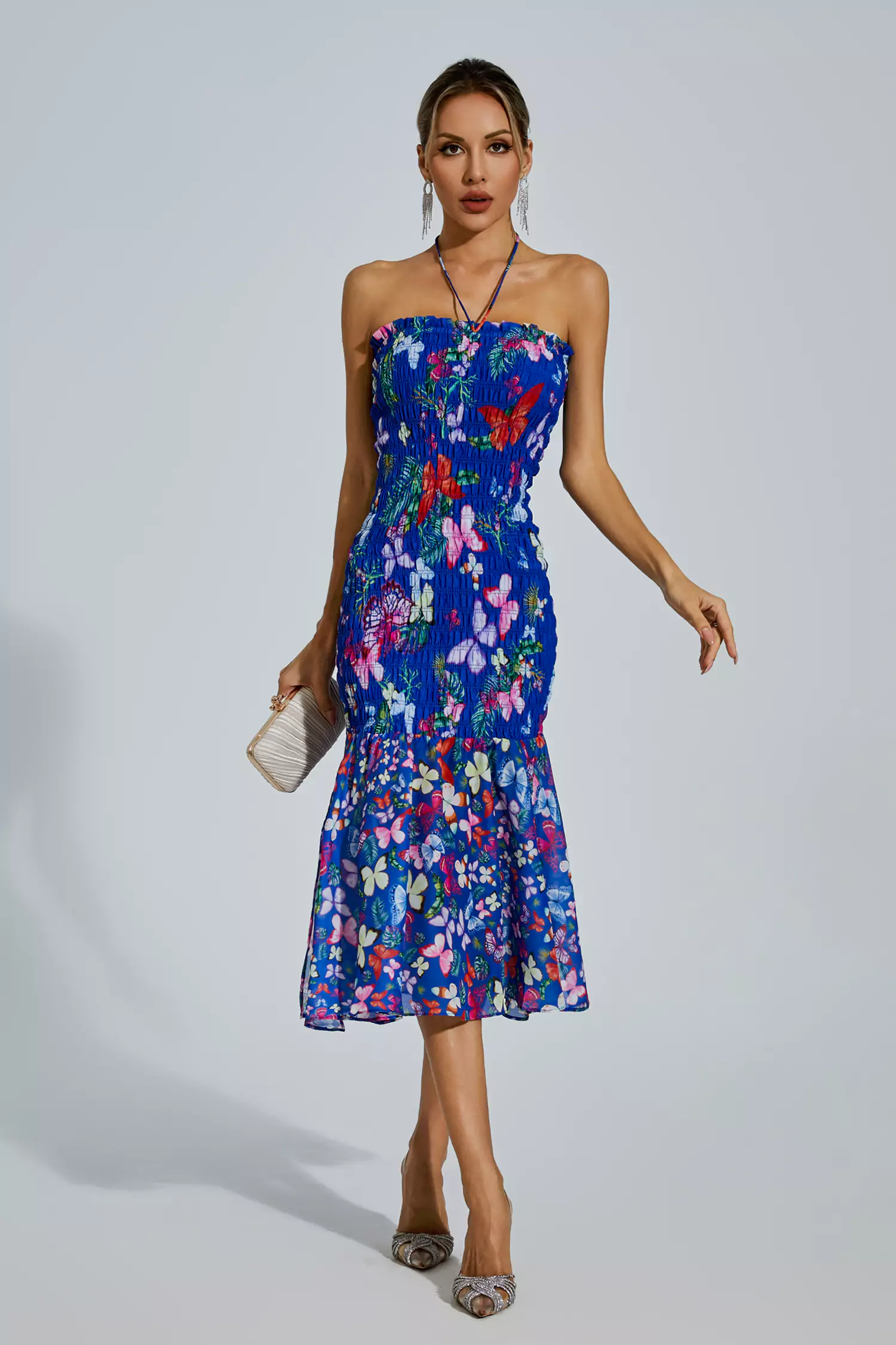 Meg Blue Butterfly Printed Halter Dress