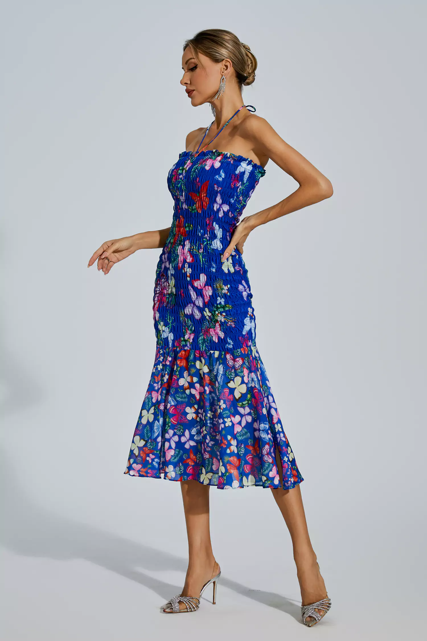 Meg Blue Butterfly Printed Halter Dress