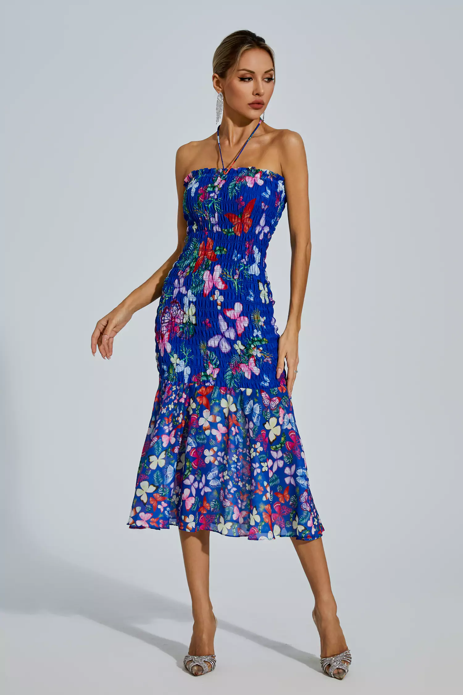 Meg Blue Butterfly Printed Halter Dress