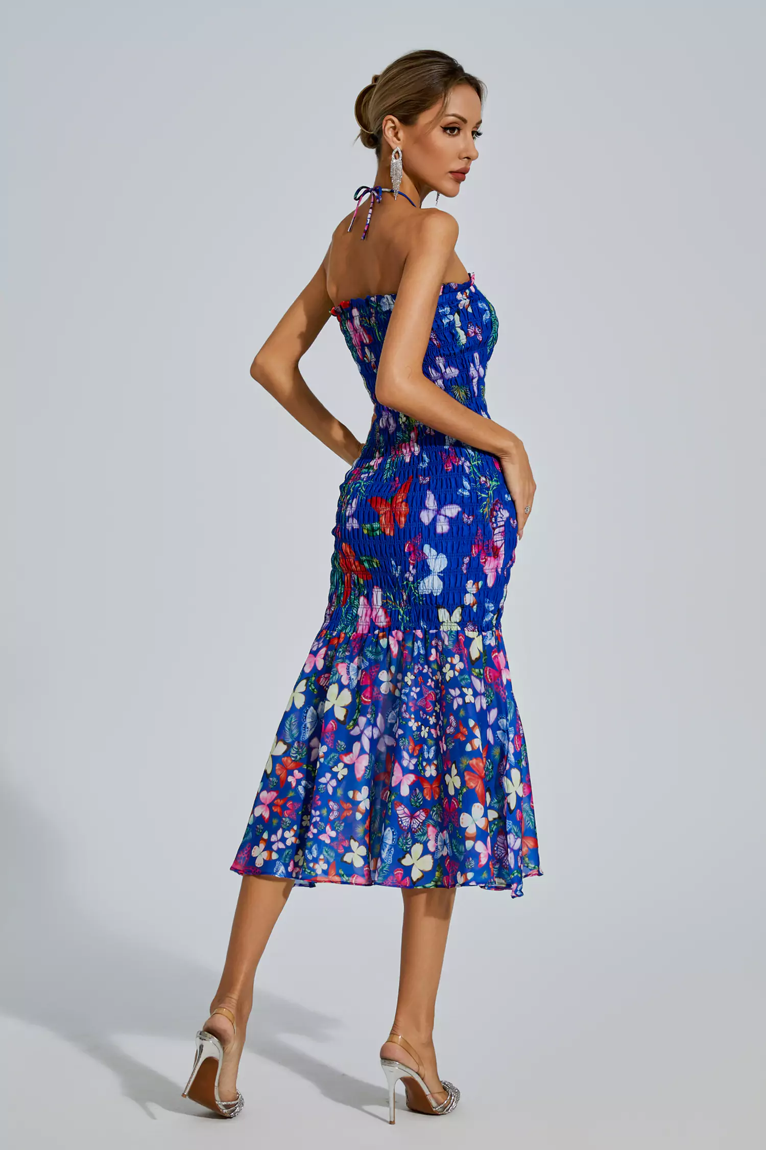 Meg Blue Butterfly Printed Halter Dress