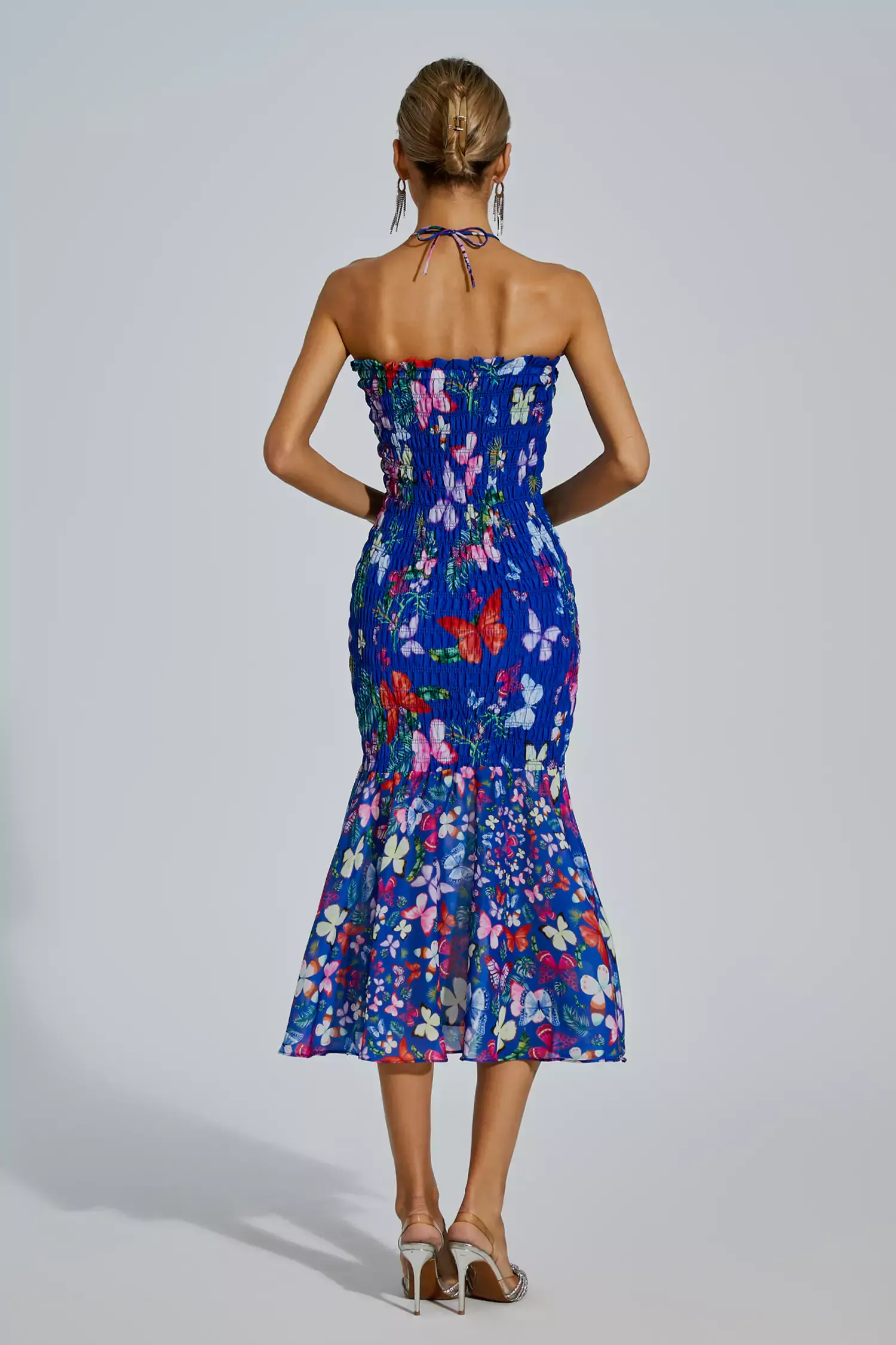Meg Blue Butterfly Printed Halter Dress