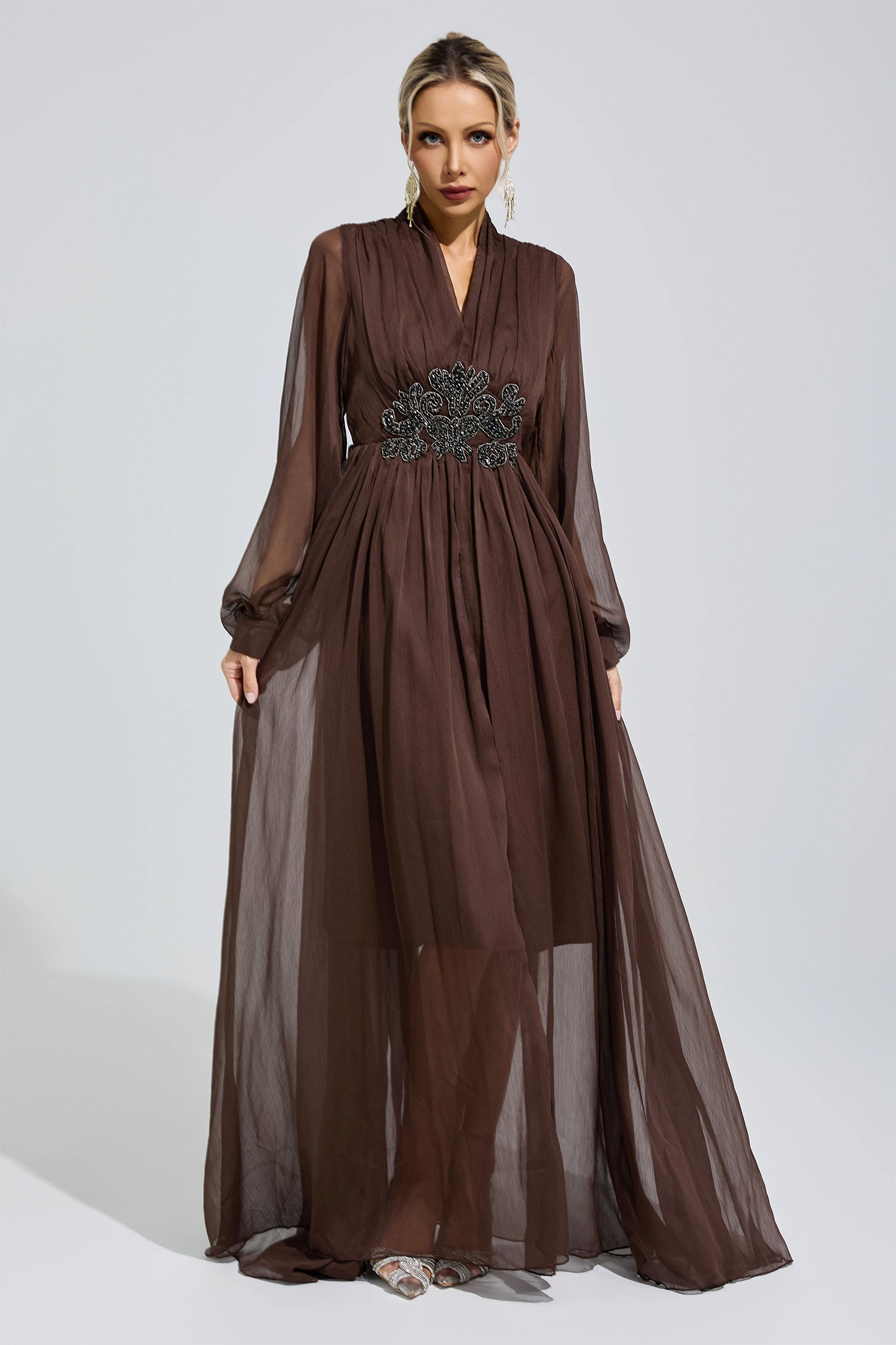 Emmeline Brown Lantern Sleeve Maxi Dress