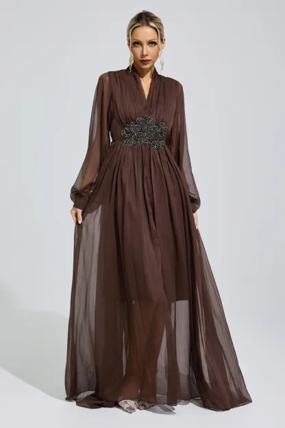 Emmeline Brown Lantern Sleeve Maxi Dress