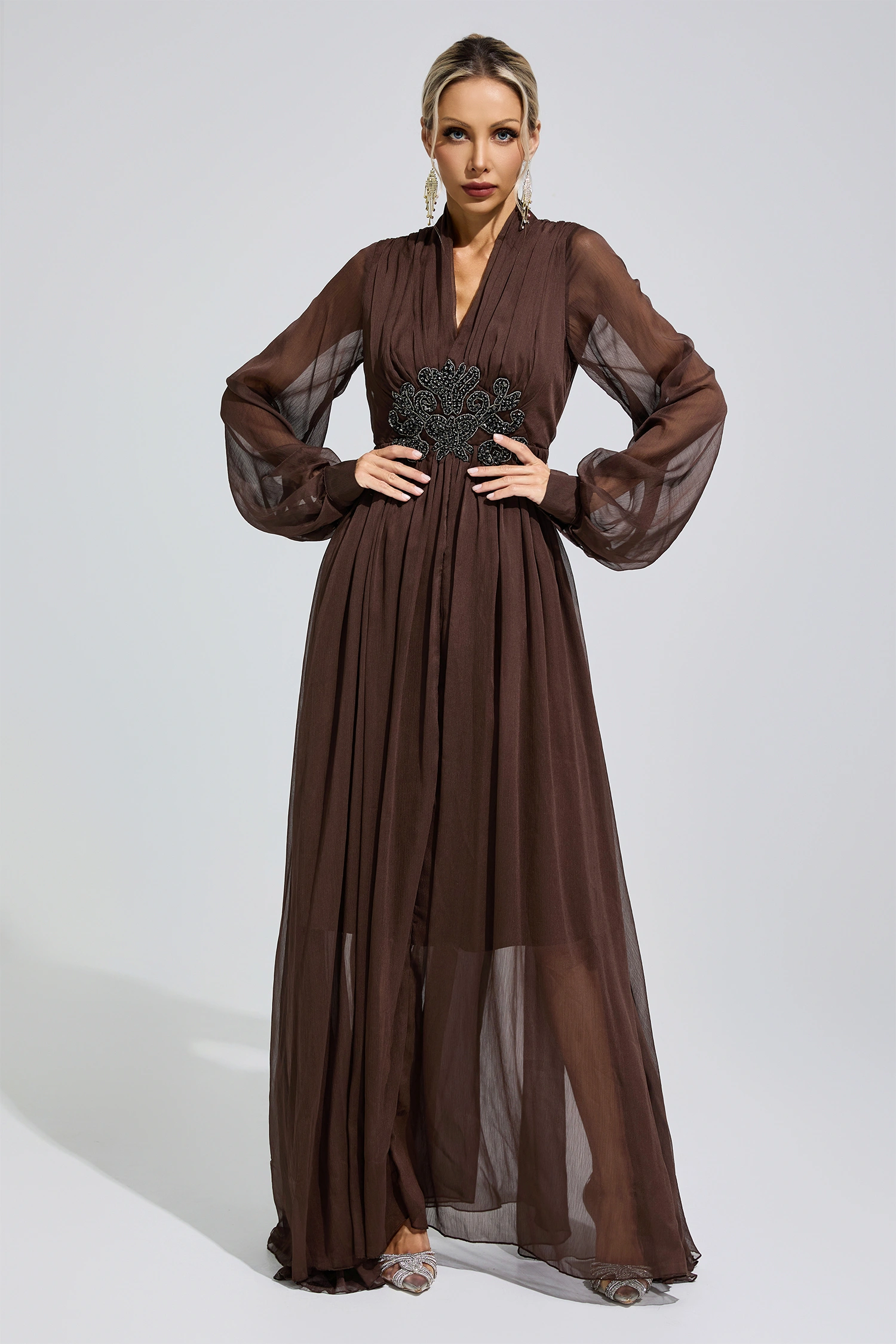 Emmeline Brown Lantern Sleeve Maxi Dress