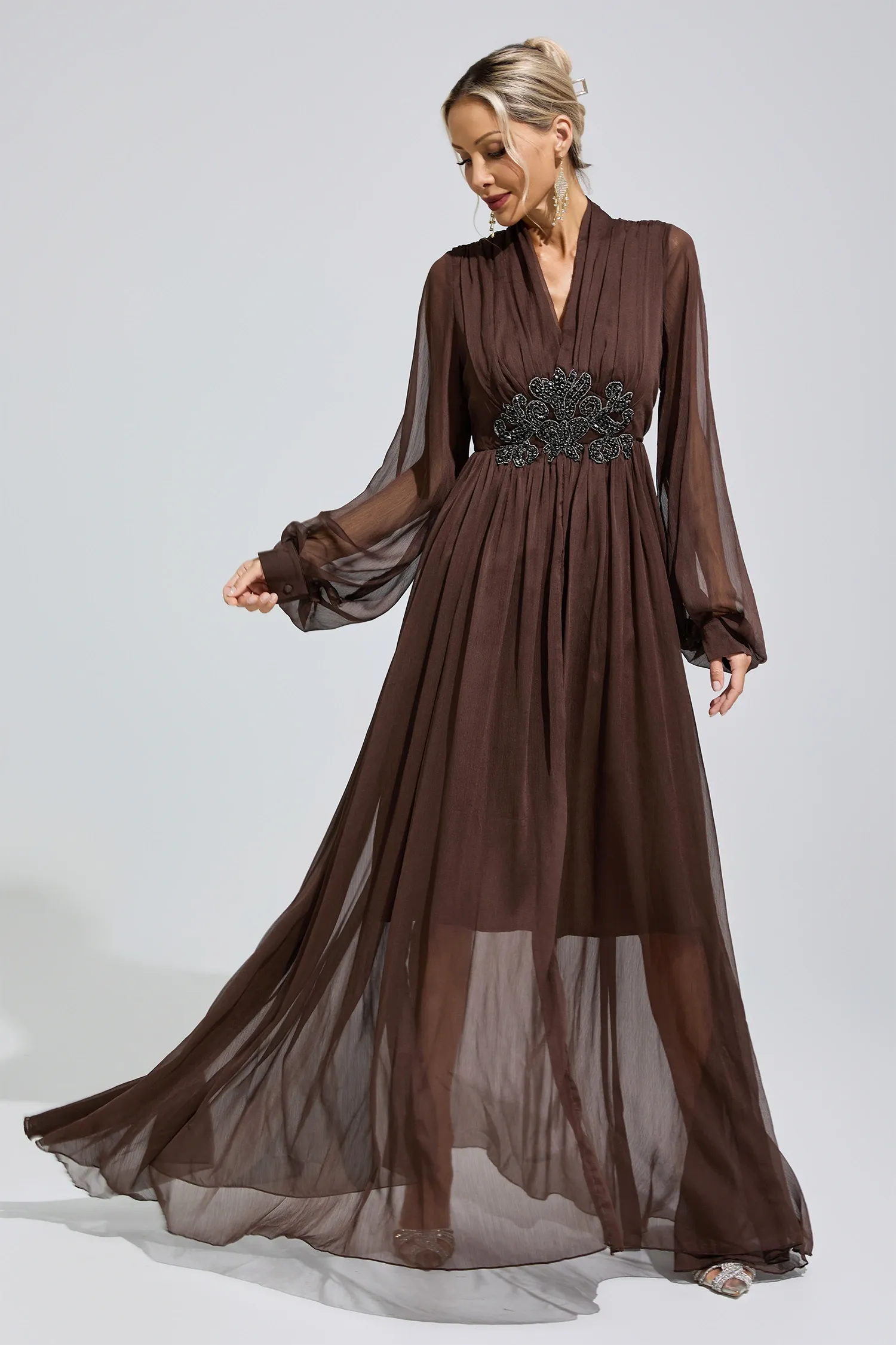 Emmeline Brown Lantern Sleeve Maxi Dress