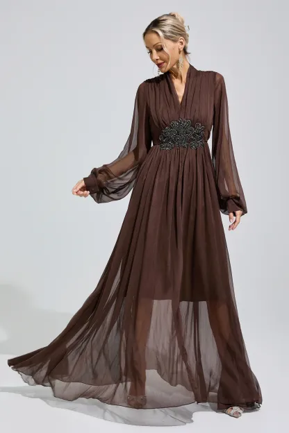 Emmeline Brown Lantern Sleeve Maxi Dress