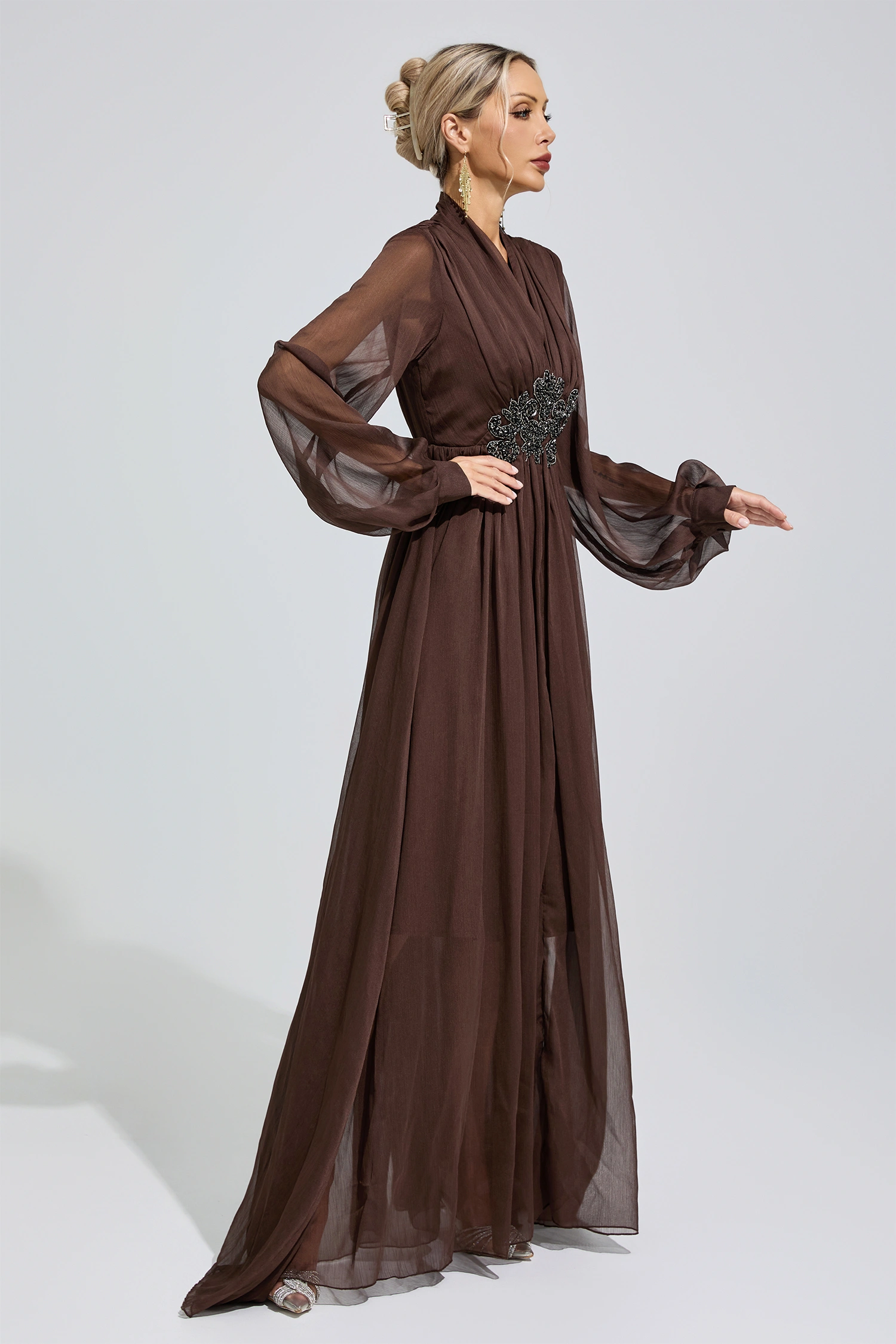 Emmeline Brown Lantern Sleeve Maxi Dress