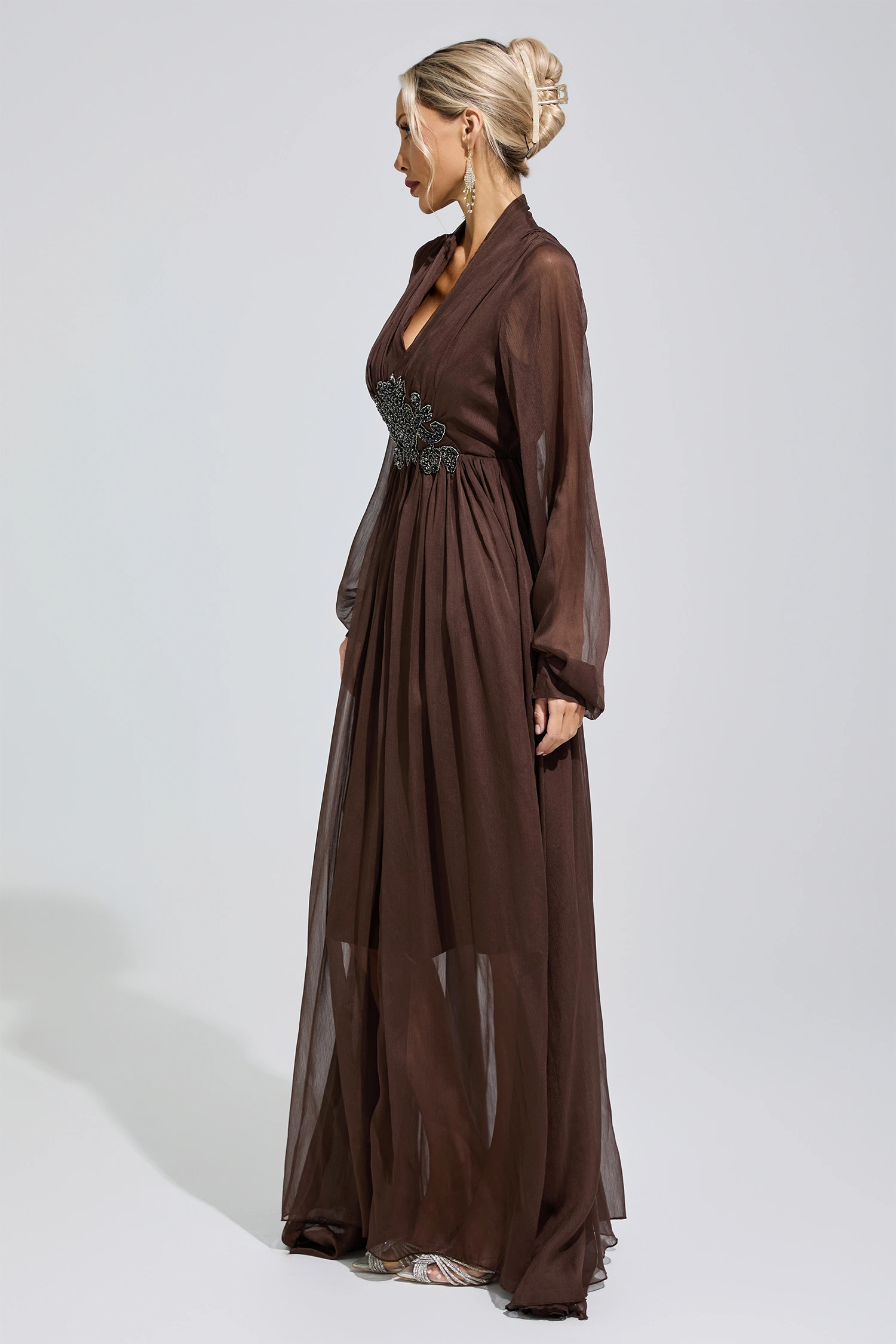 Emmeline Brown Lantern Sleeve Maxi Dress