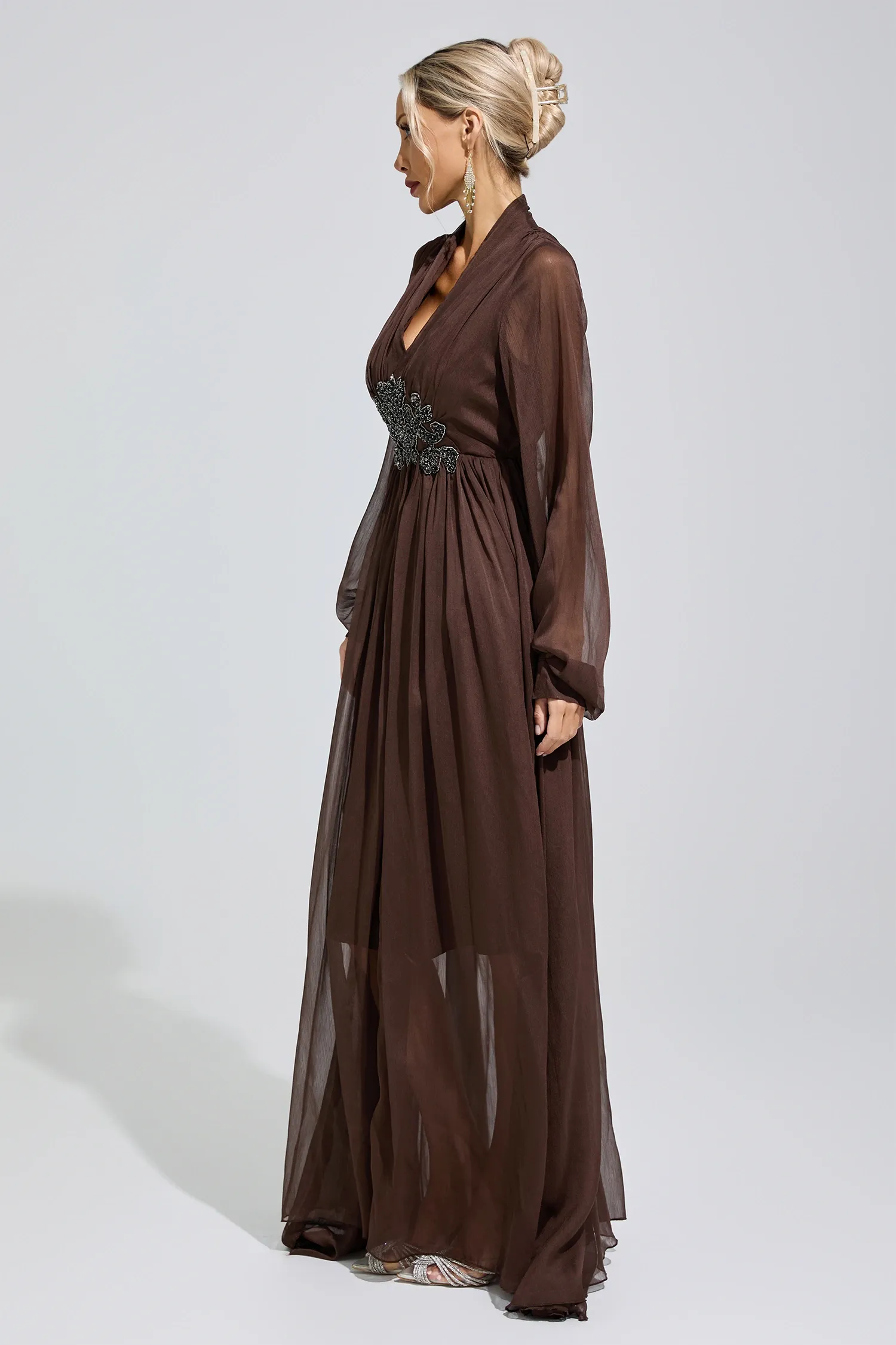 Emmeline Brown Lantern Sleeve Maxi Dress