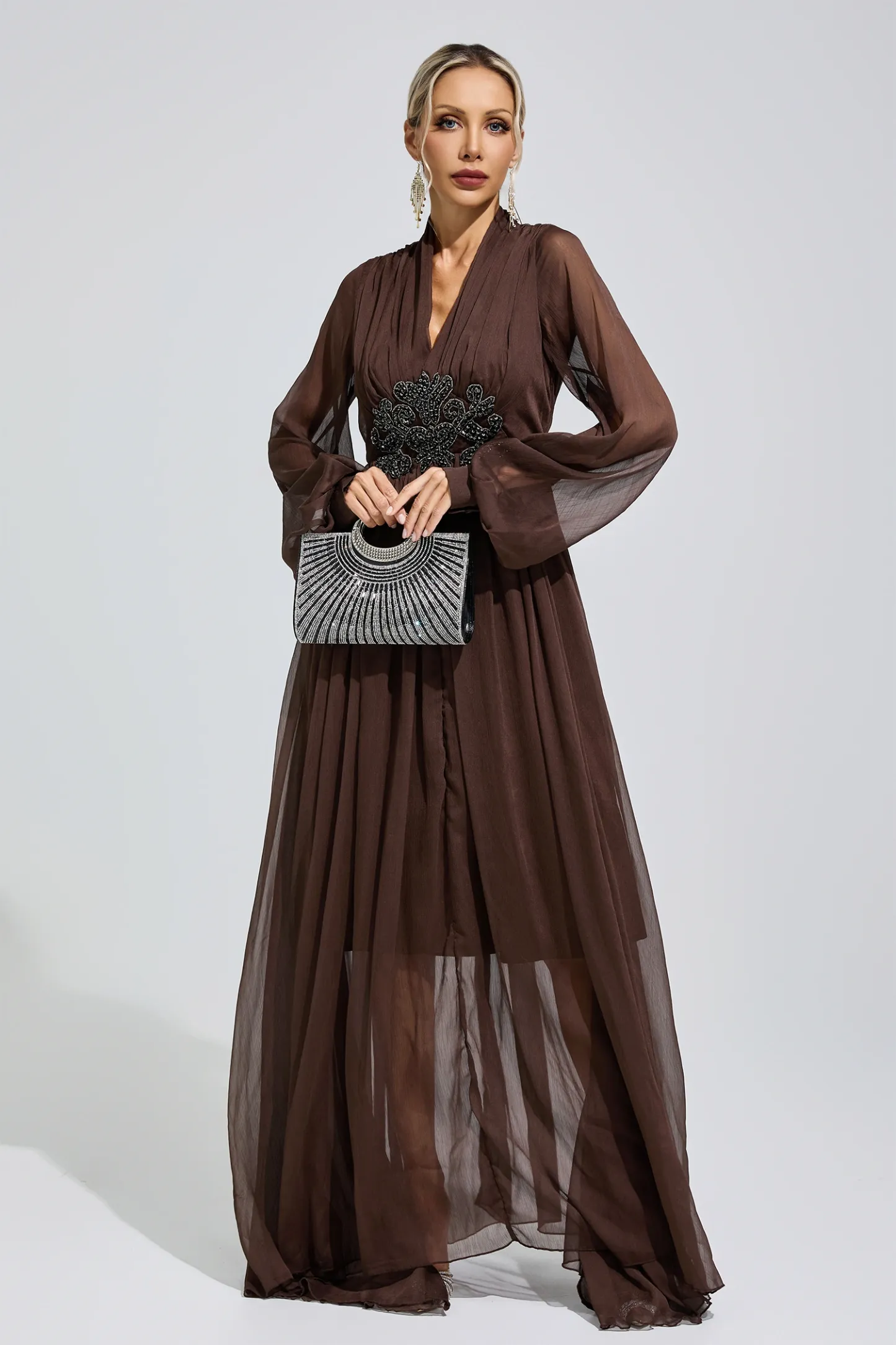Emmeline Brown Lantern Sleeve Maxi Dress
