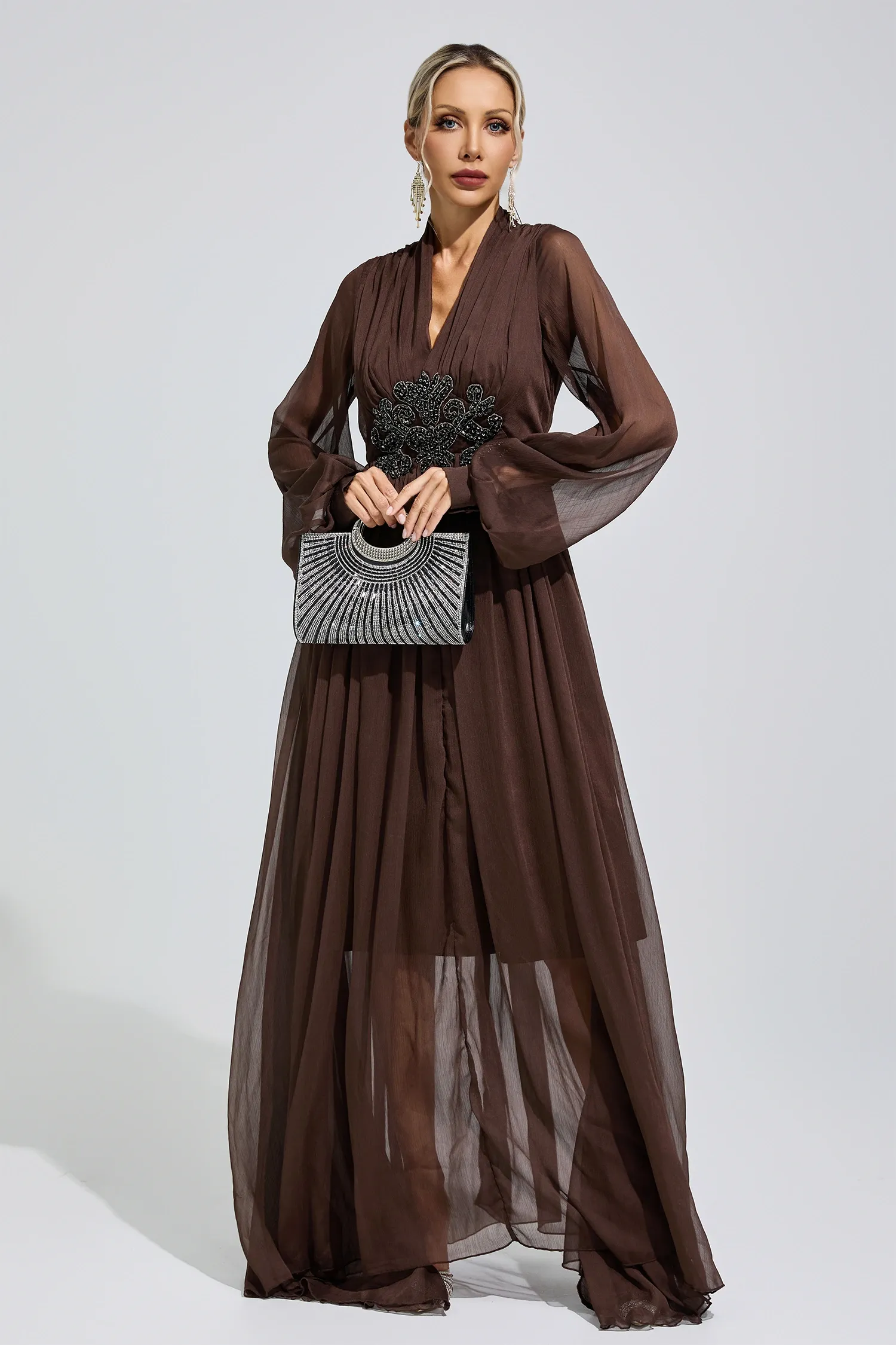 Emmeline Brown Lantern Sleeve Maxi Dress