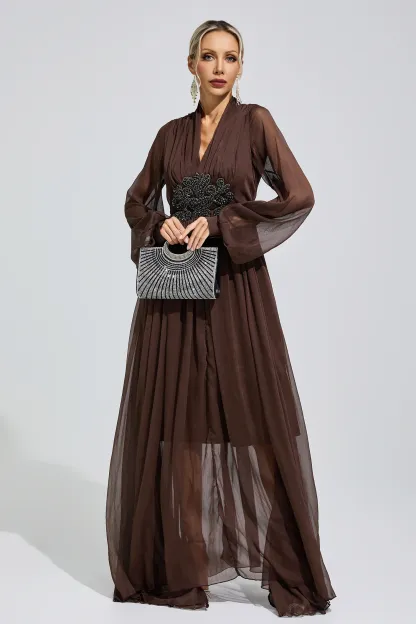 Emmeline Brown Lantern Sleeve Maxi Dress