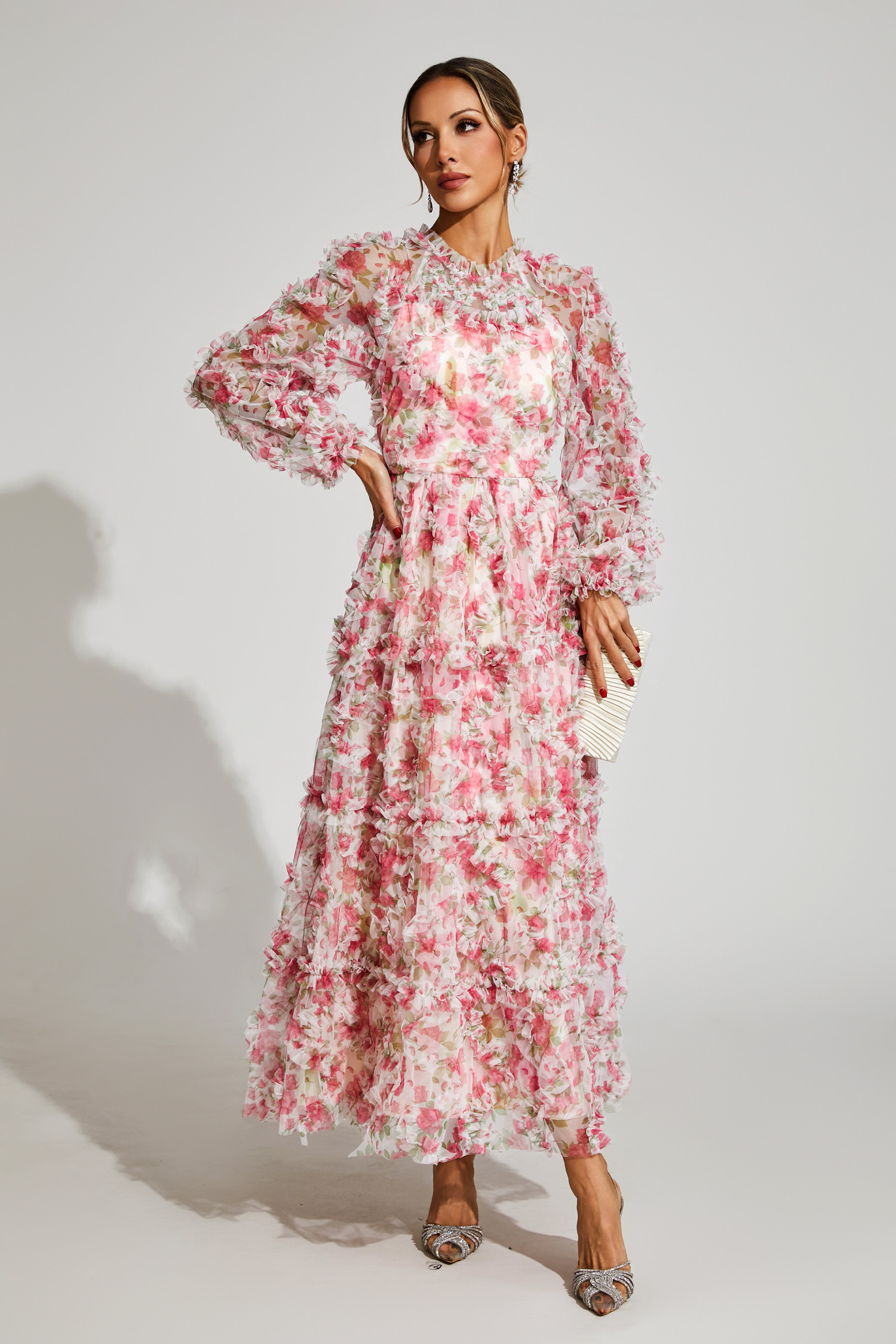 Antonia Pink Floral Mesh Maxi Dress
