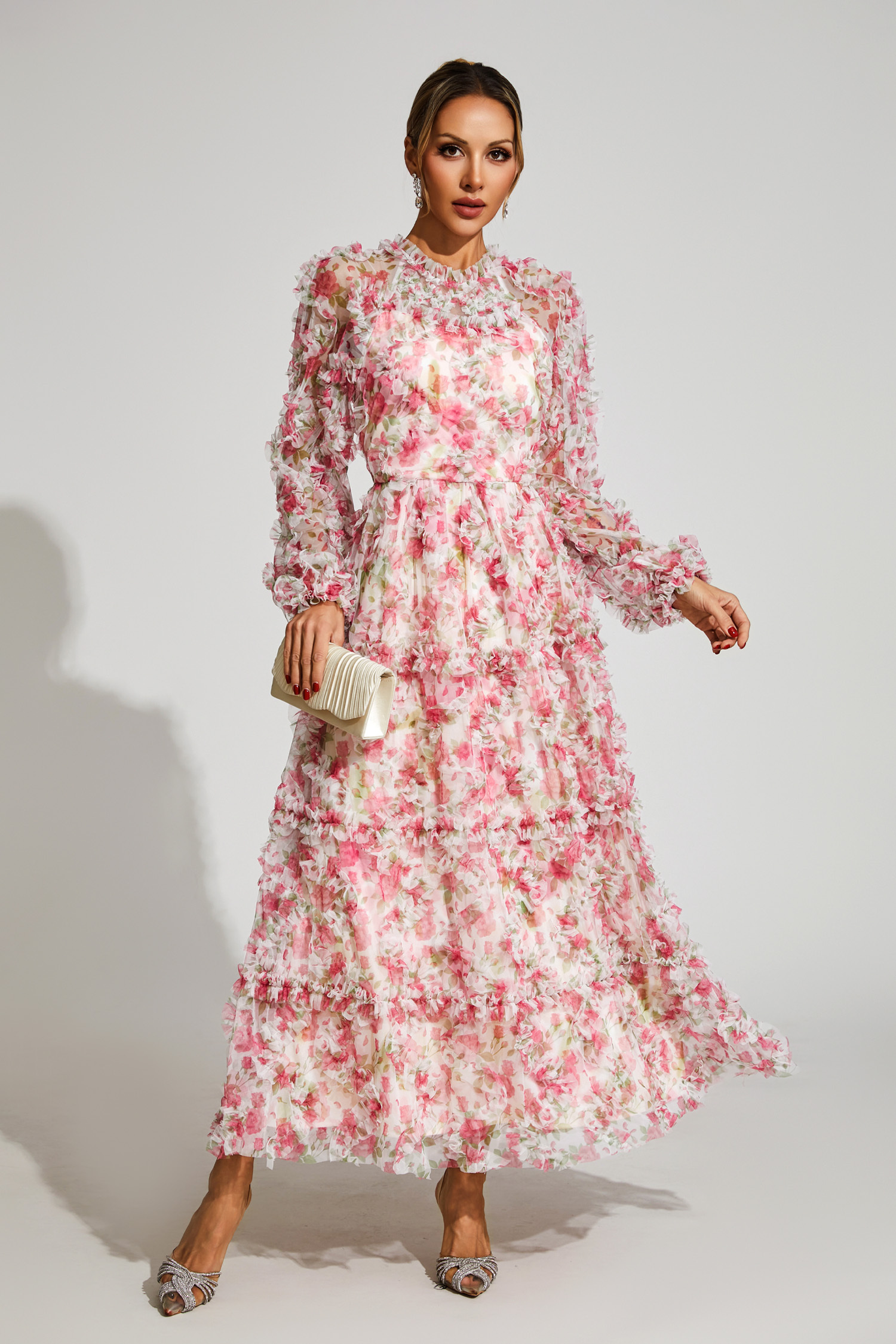 Antonia Pink Floral Mesh Maxi Dress