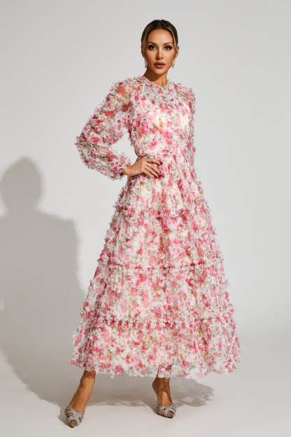 Antonia Pink Floral Mesh Maxi Dress