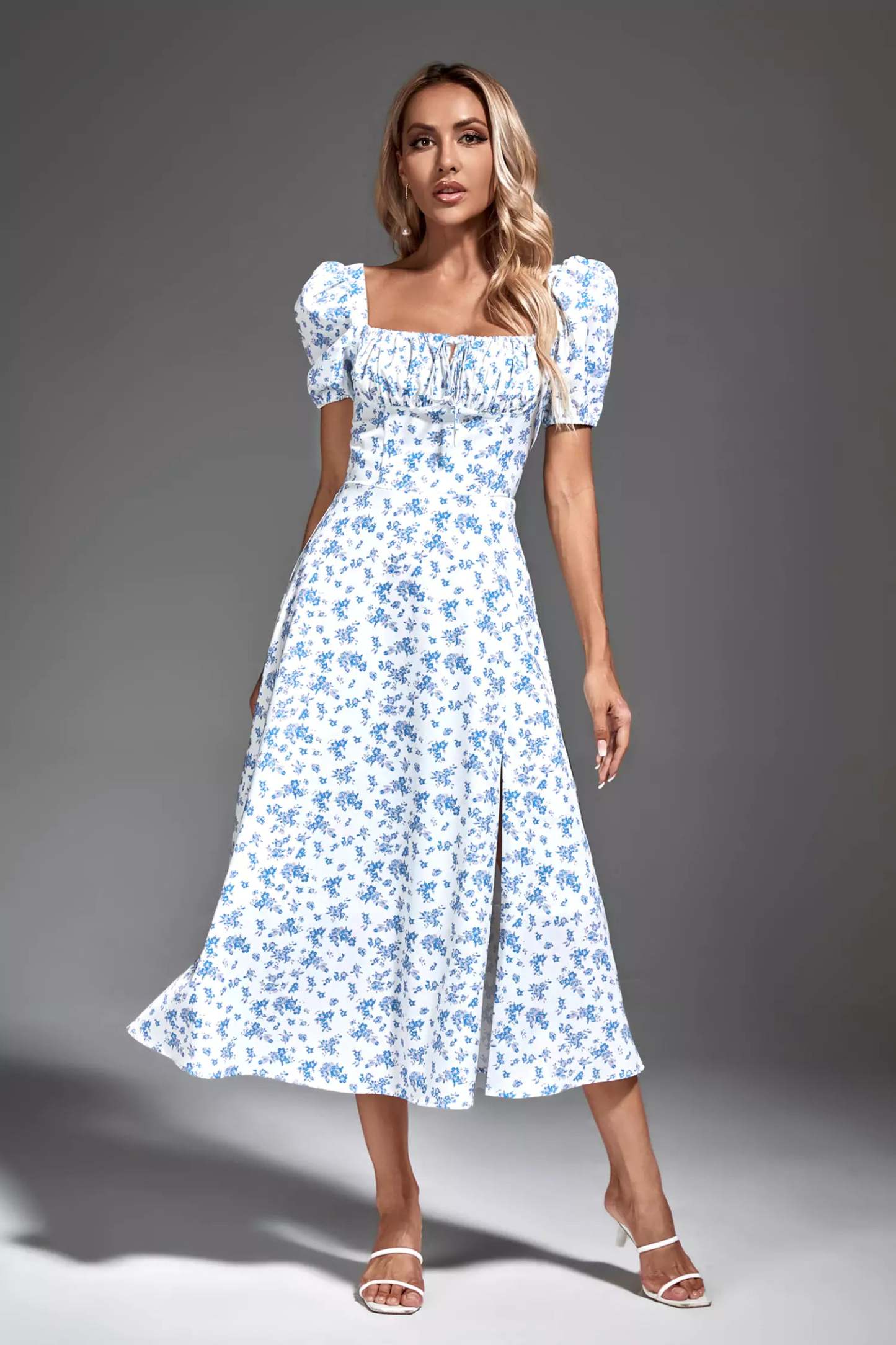 Jefferson Blue French Floral Midi Dress