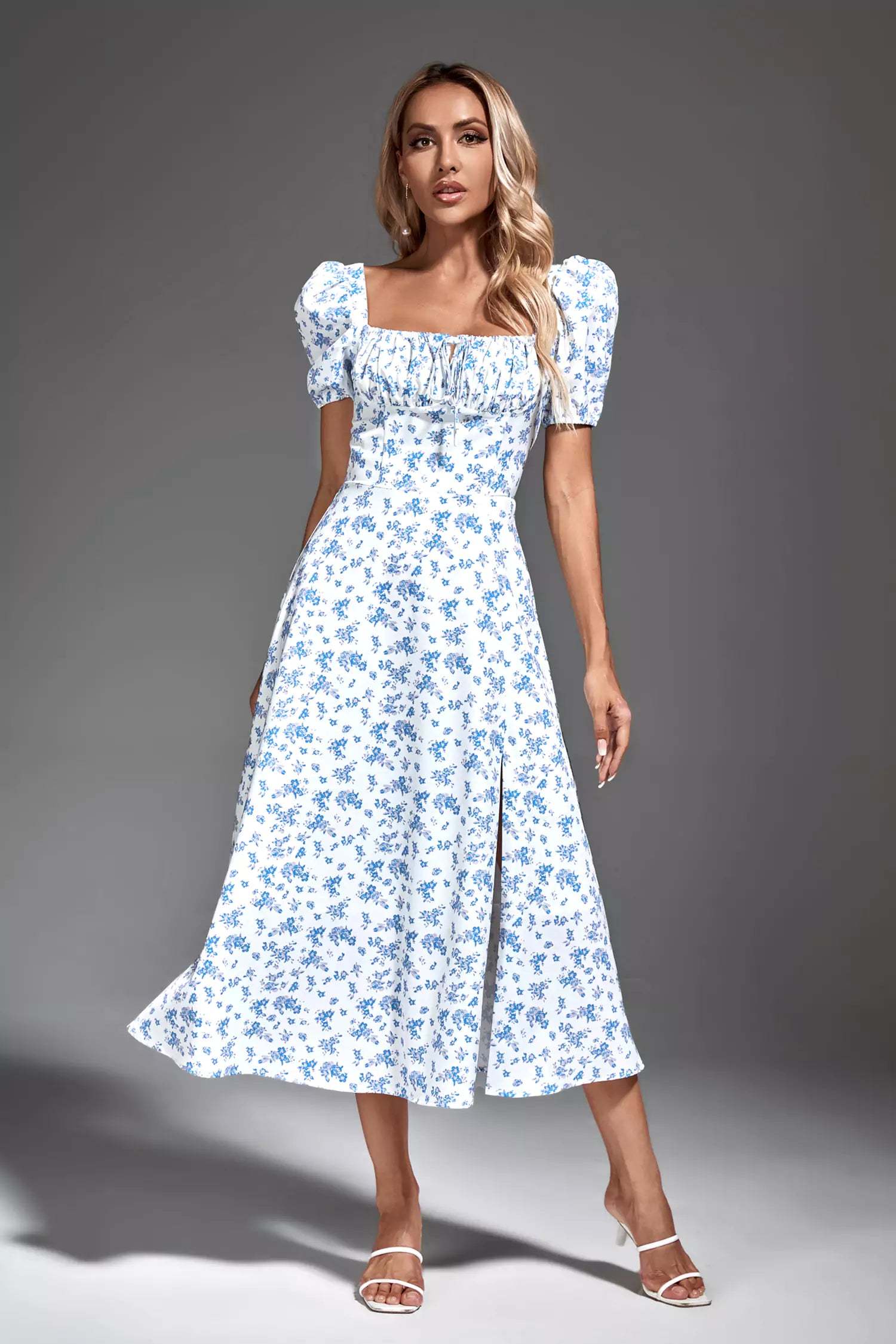 Jefferson Blue French Floral Midi Dress