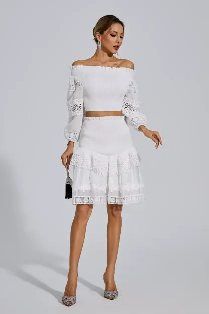 Dominic White One-Shoulder Embroidered Set