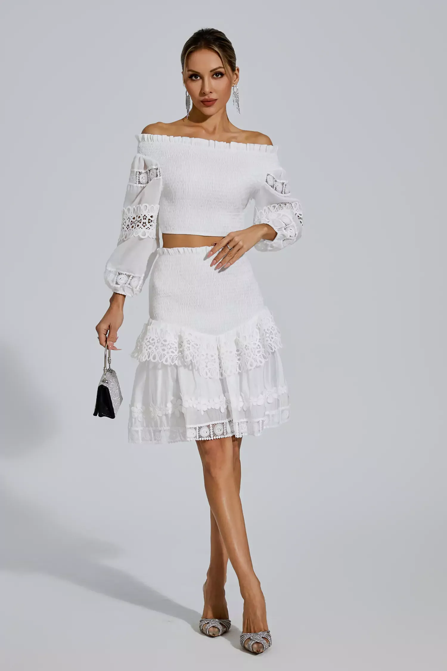 Dominic White One-Shoulder Embroidered Set