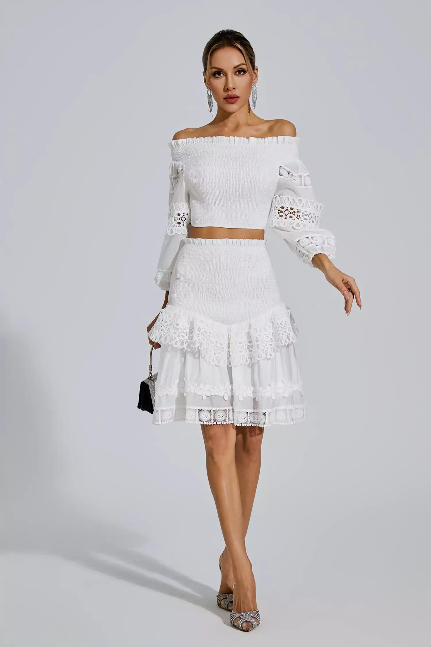 Dominic White One-Shoulder Embroidered Set