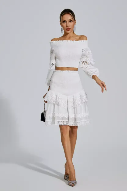 Dominic White One-Shoulder Embroidered Set