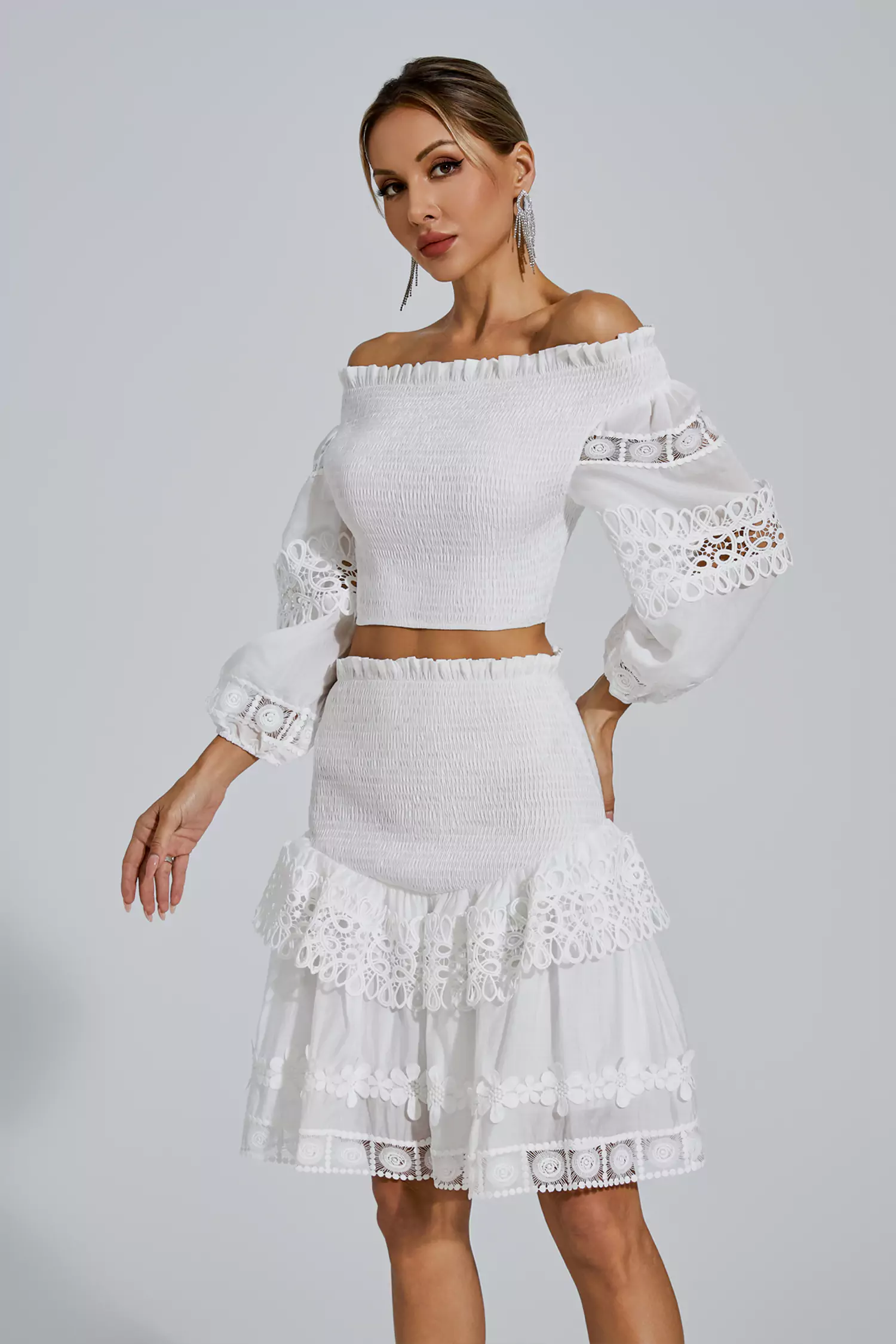 Dominic White One-Shoulder Embroidered Set