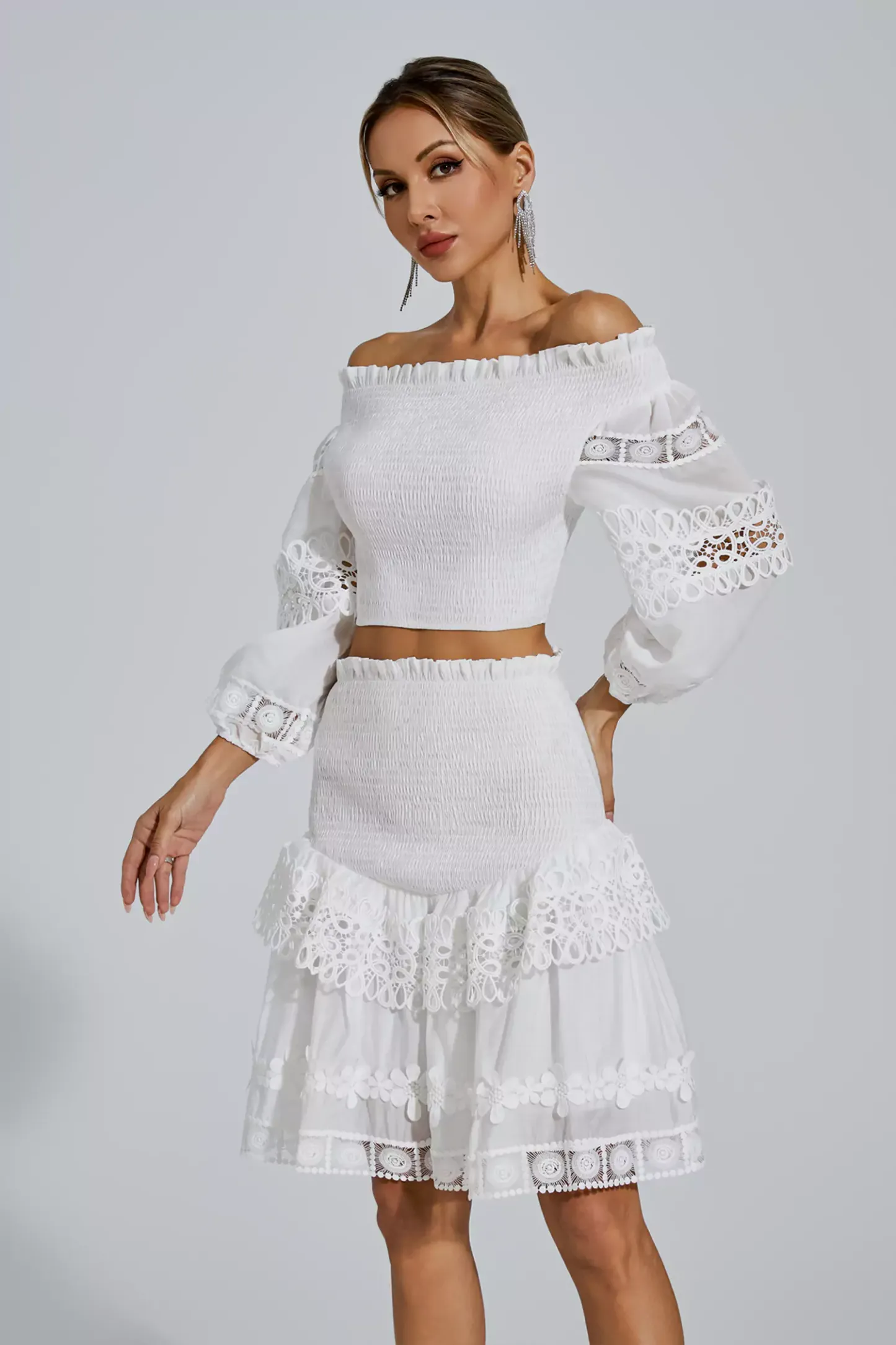 Dominic White One-Shoulder Embroidered Set