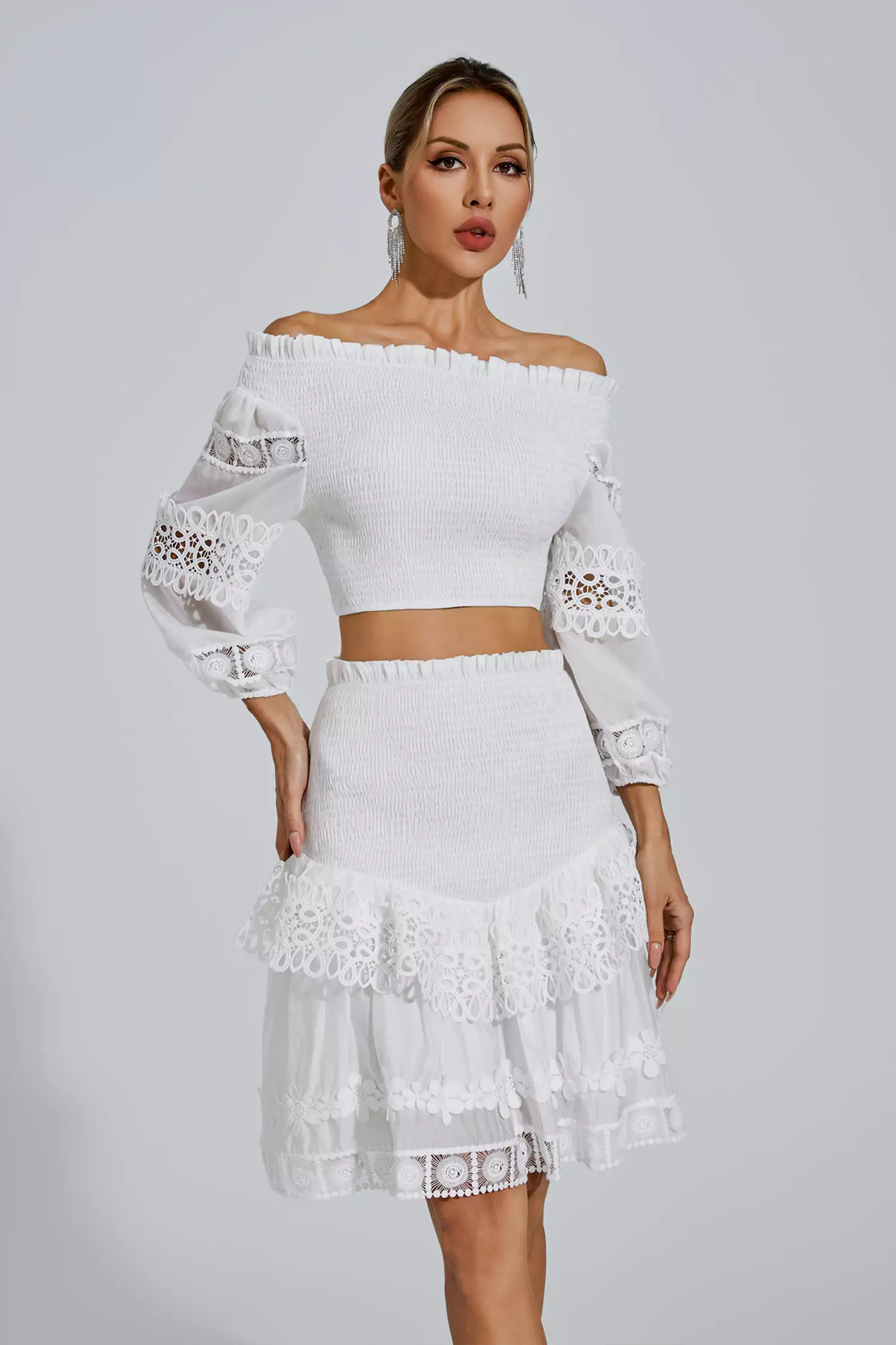 Dominic White One-Shoulder Embroidered Set