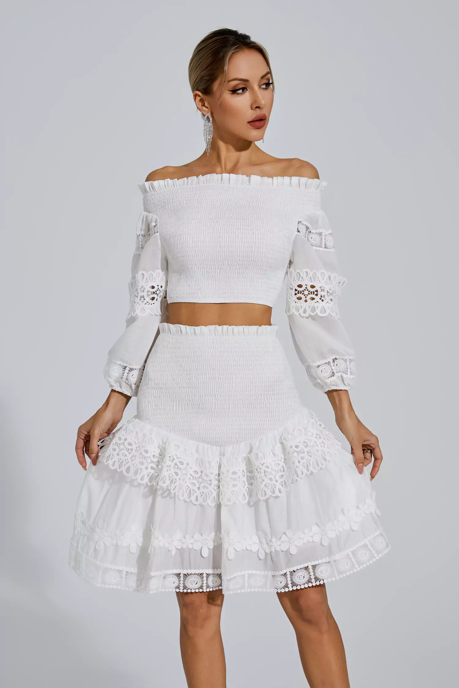 Dominic White One-Shoulder Embroidered Set