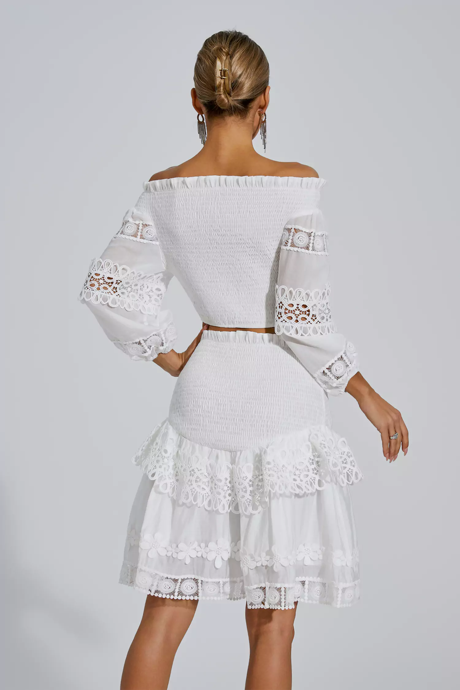 Dominic White One-Shoulder Embroidered Set