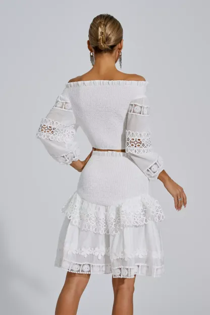 Dominic White One-Shoulder Embroidered Set