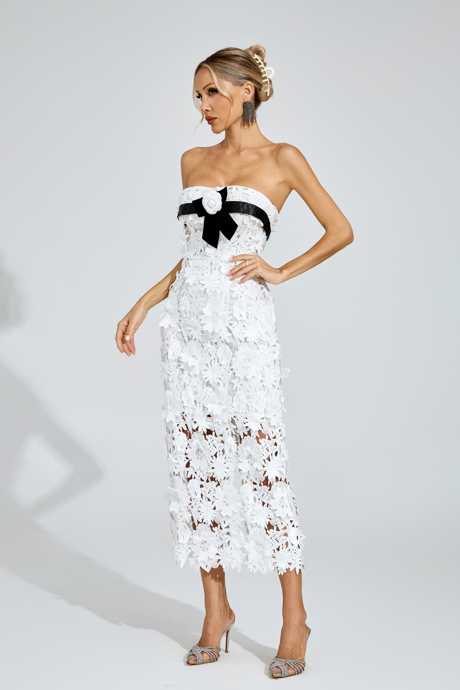 Sweet White Floral Lace Midi Dress