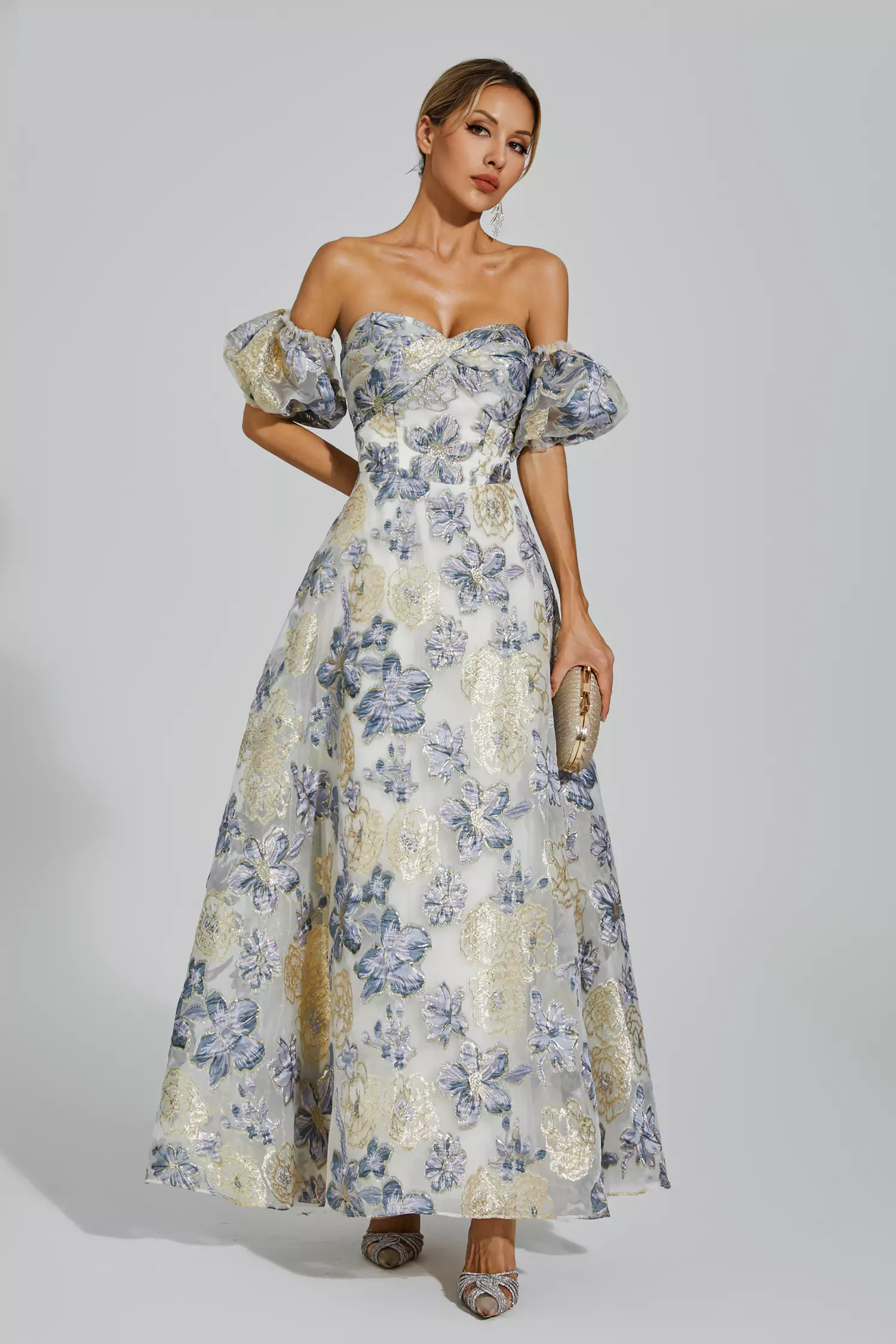 Glenn Blue-Purple Flower Off Shoulder Dress