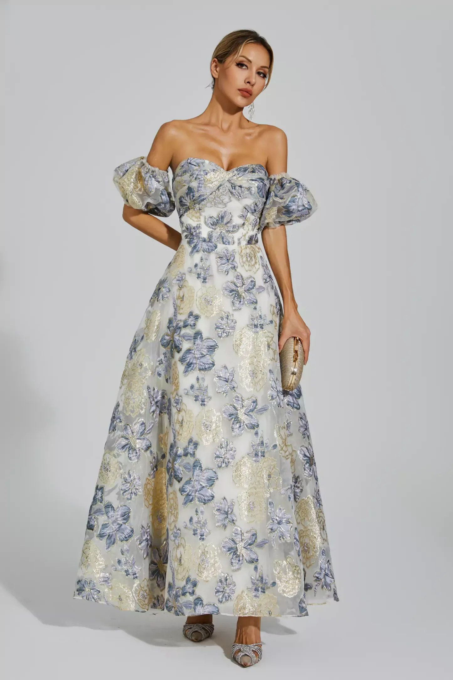 Glenn Blue-Purple Flower Off Shoulder Dress