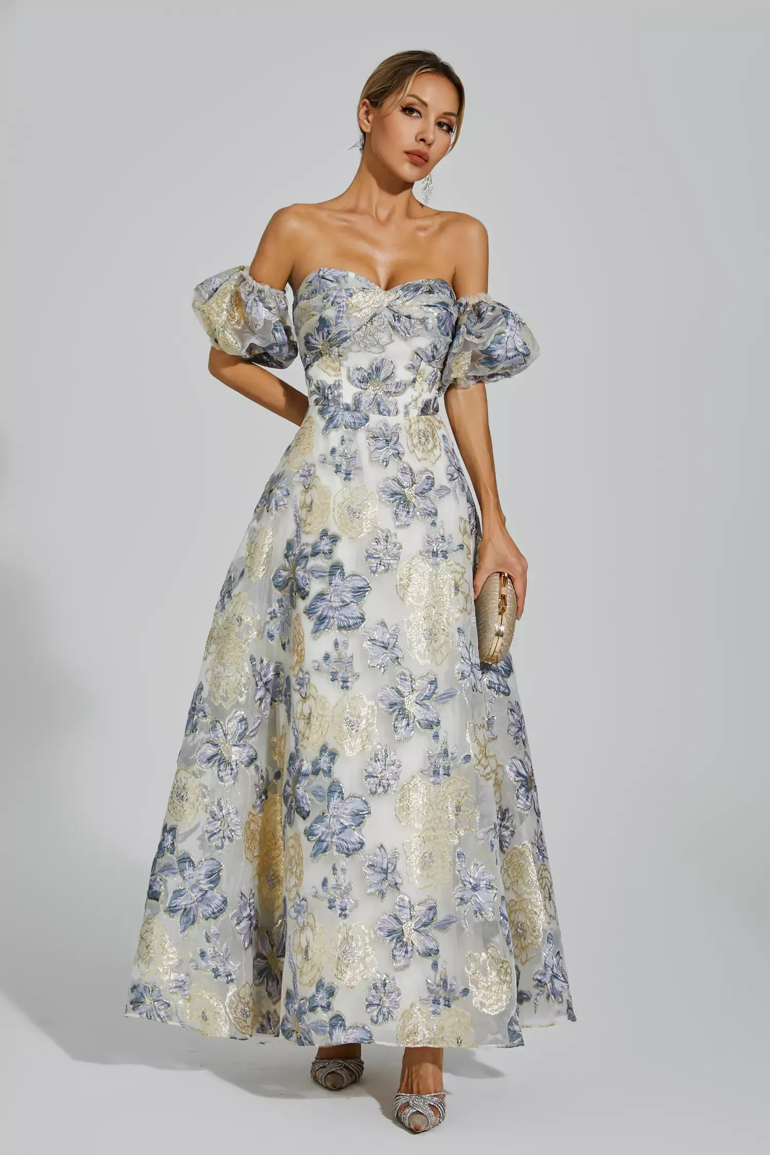 Glenn Blue-Purple Flower Off Shoulder Dress