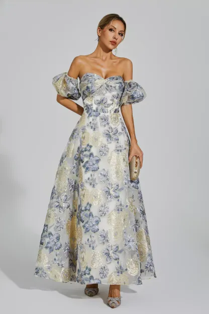 Glenn Blue-Purple Flower Off Shoulder Dress