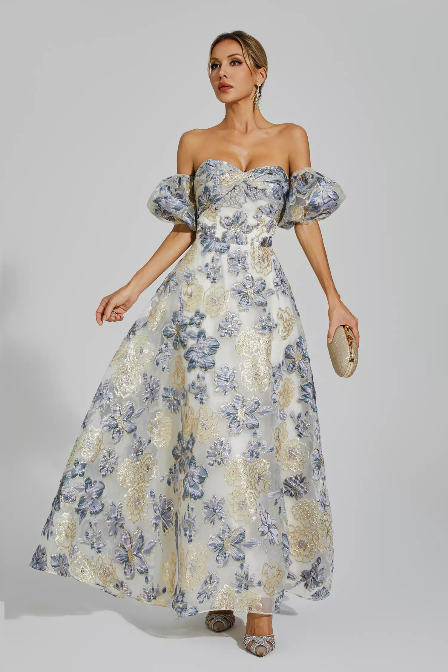 Glenn Blue-Purple Flower Off Shoulder Dress