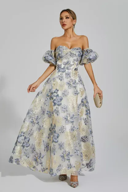Glenn Blue-Purple Flower Off Shoulder Dress