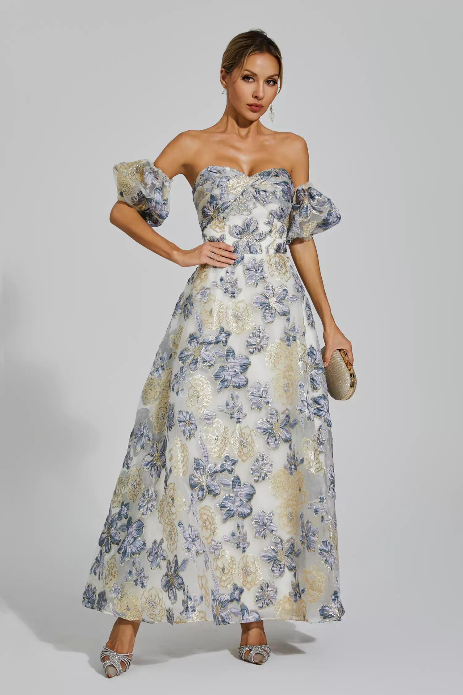 Glenn Blue-Purple Flower Off Shoulder Dress