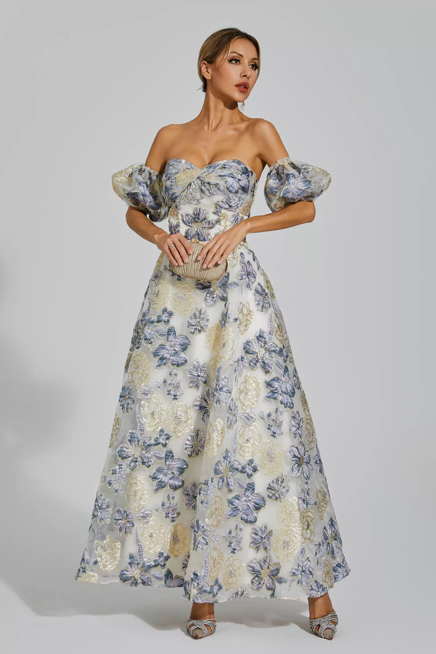Glenn Blue-Purple Flower Off Shoulder Dress