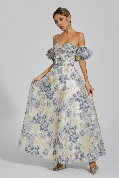 Glenn Blue-Purple Flower Off Shoulder Dress