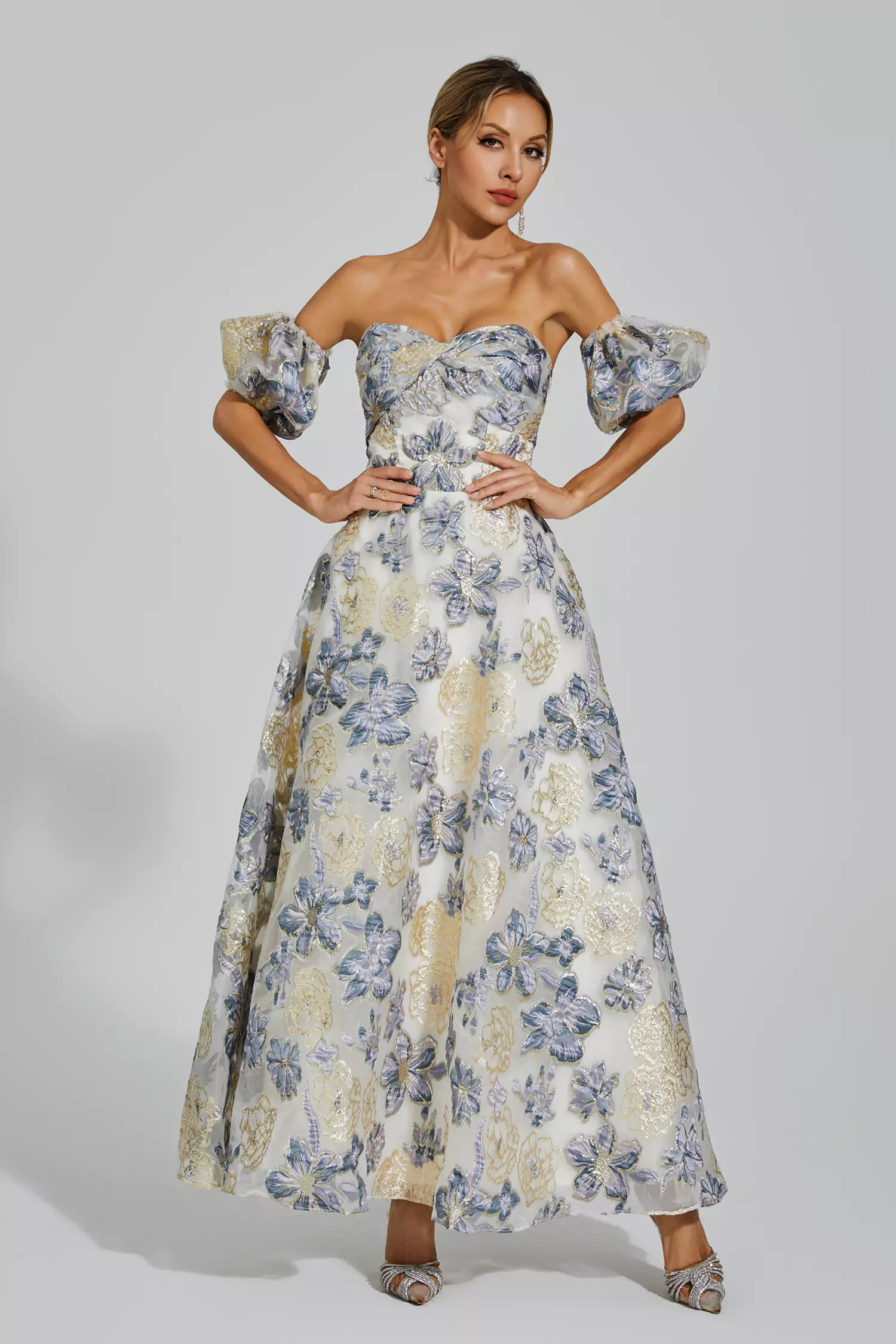 Glenn Blue-Purple Flower Off Shoulder Dress