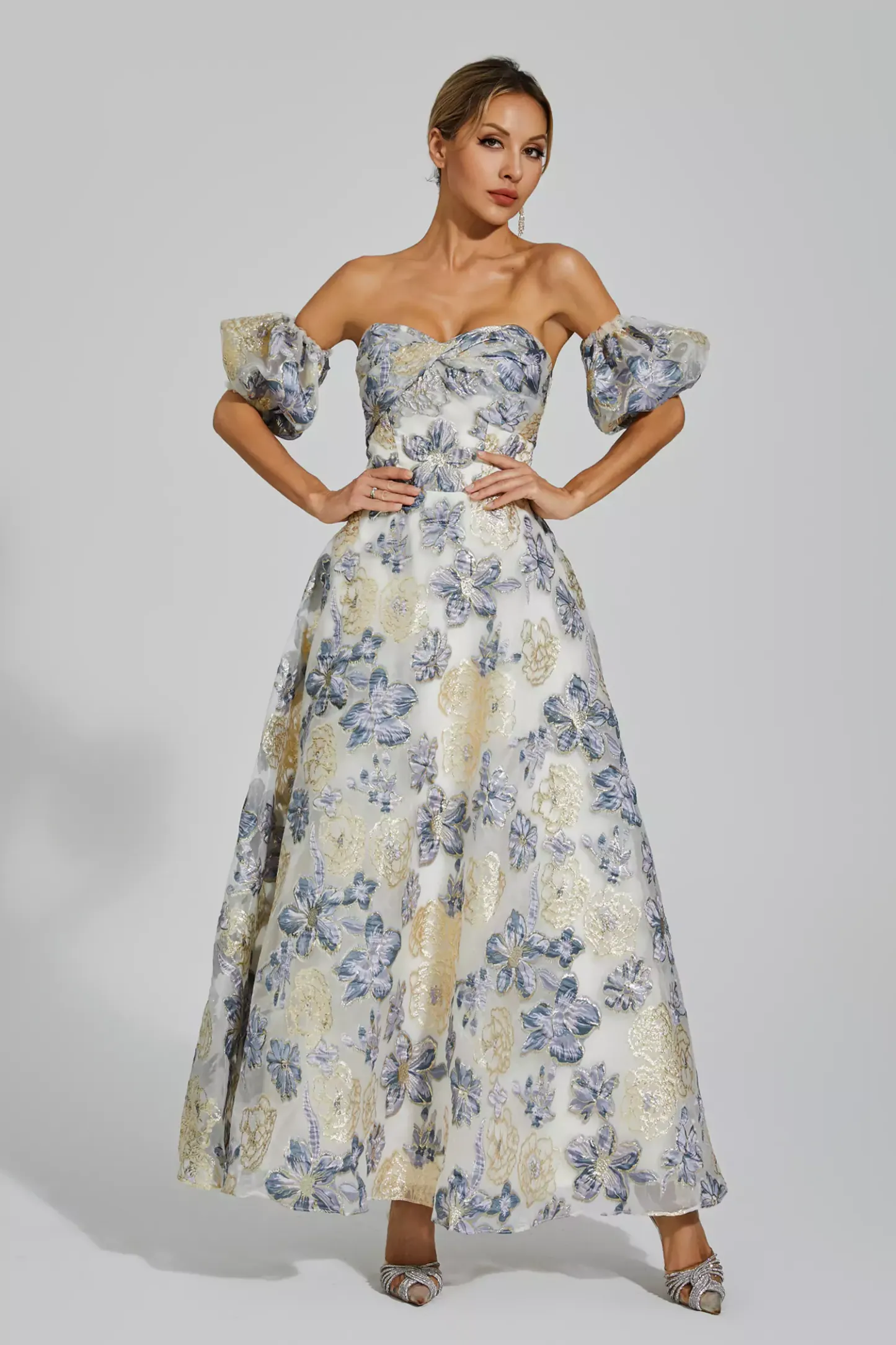 Glenn Blue-Purple Flower Off Shoulder Dress